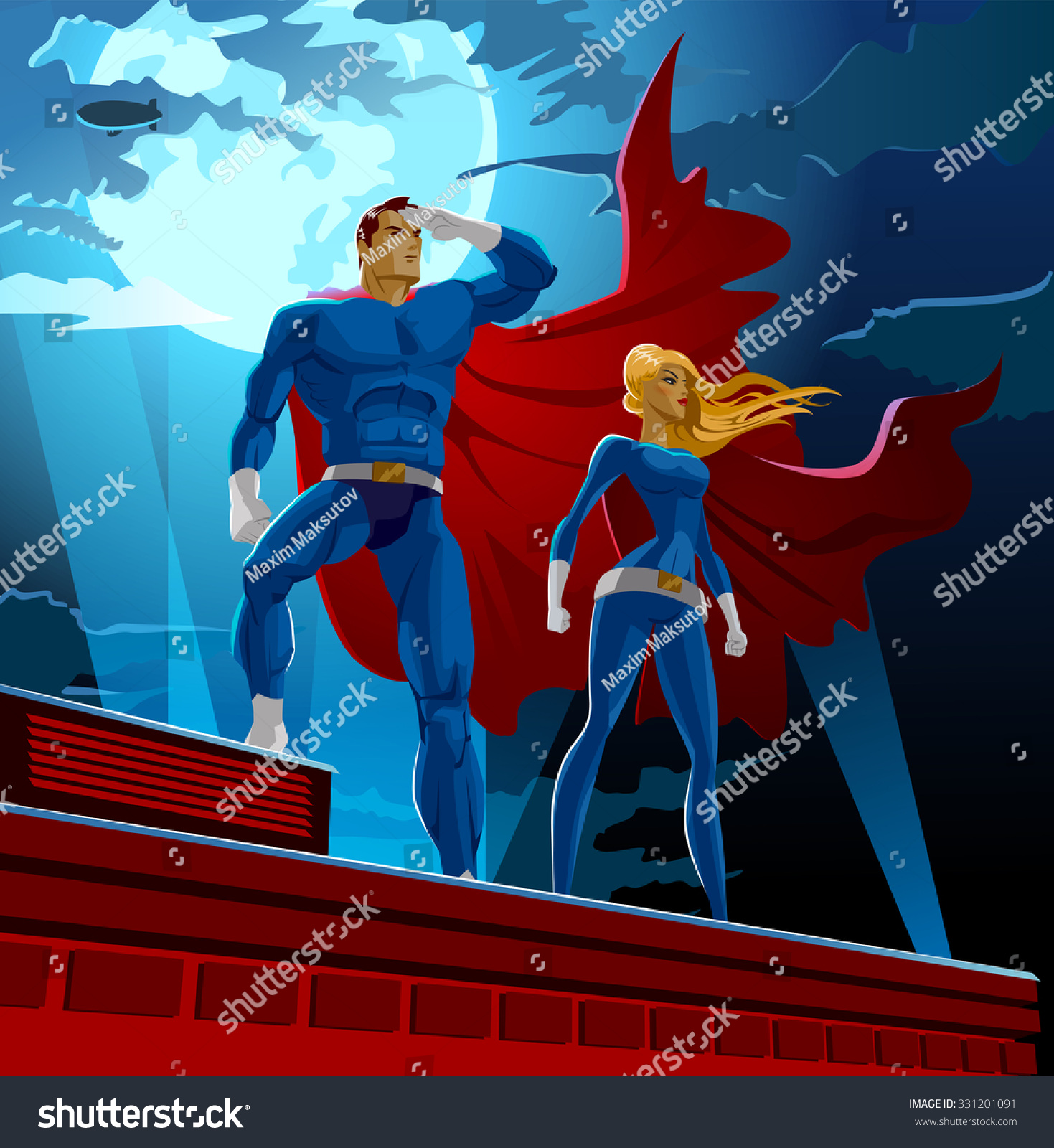 Superhero Couple Male And Female Superheroes Cloudy Sky Vector Illustration 331201091 