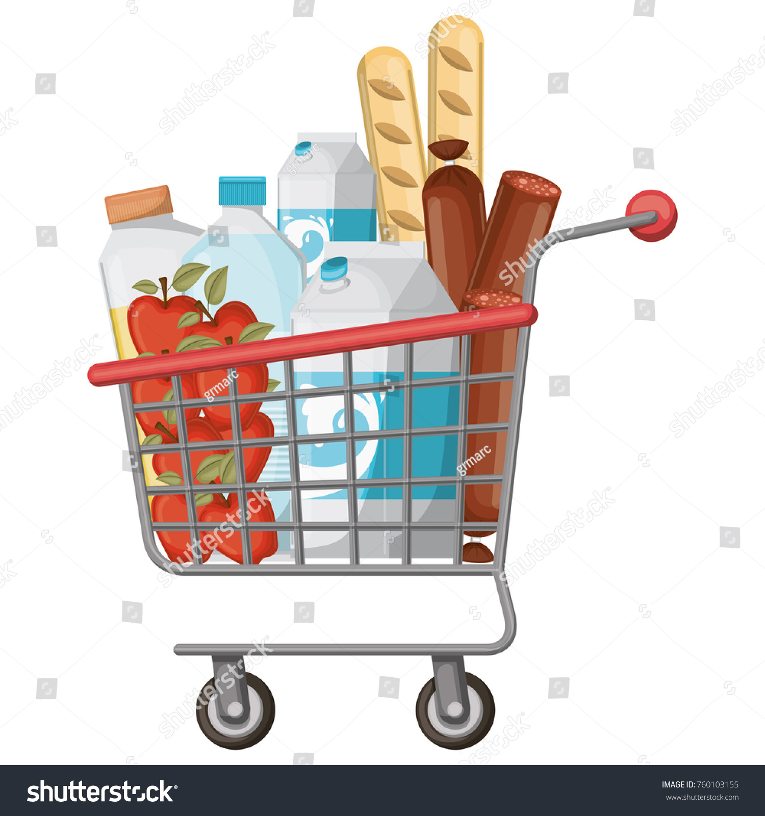 Supermarket Shopping Cart Foods Sausage Bread Stock Vector Royalty