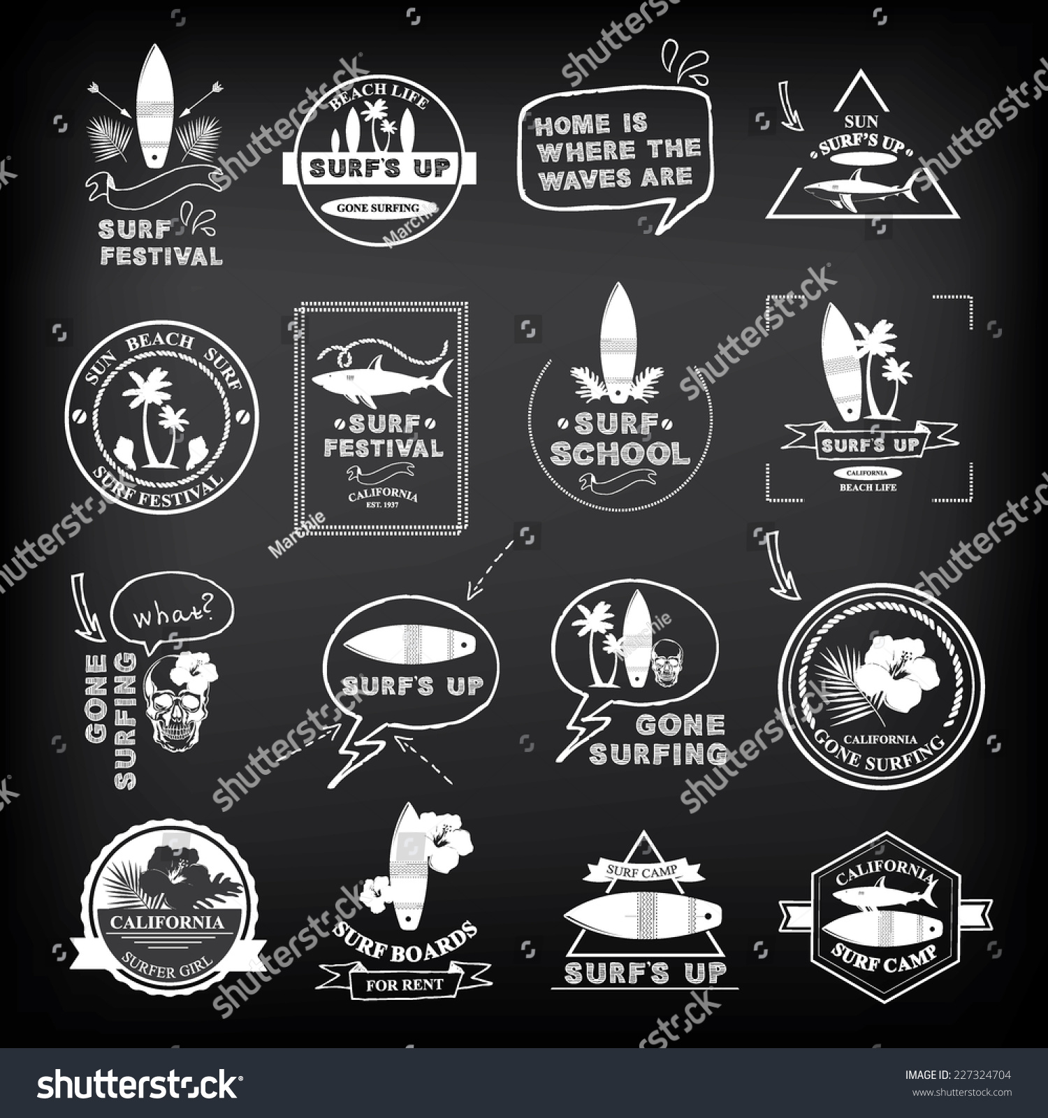 Surfing summer icons vector labels collection Surfing summer icons vector labels collection