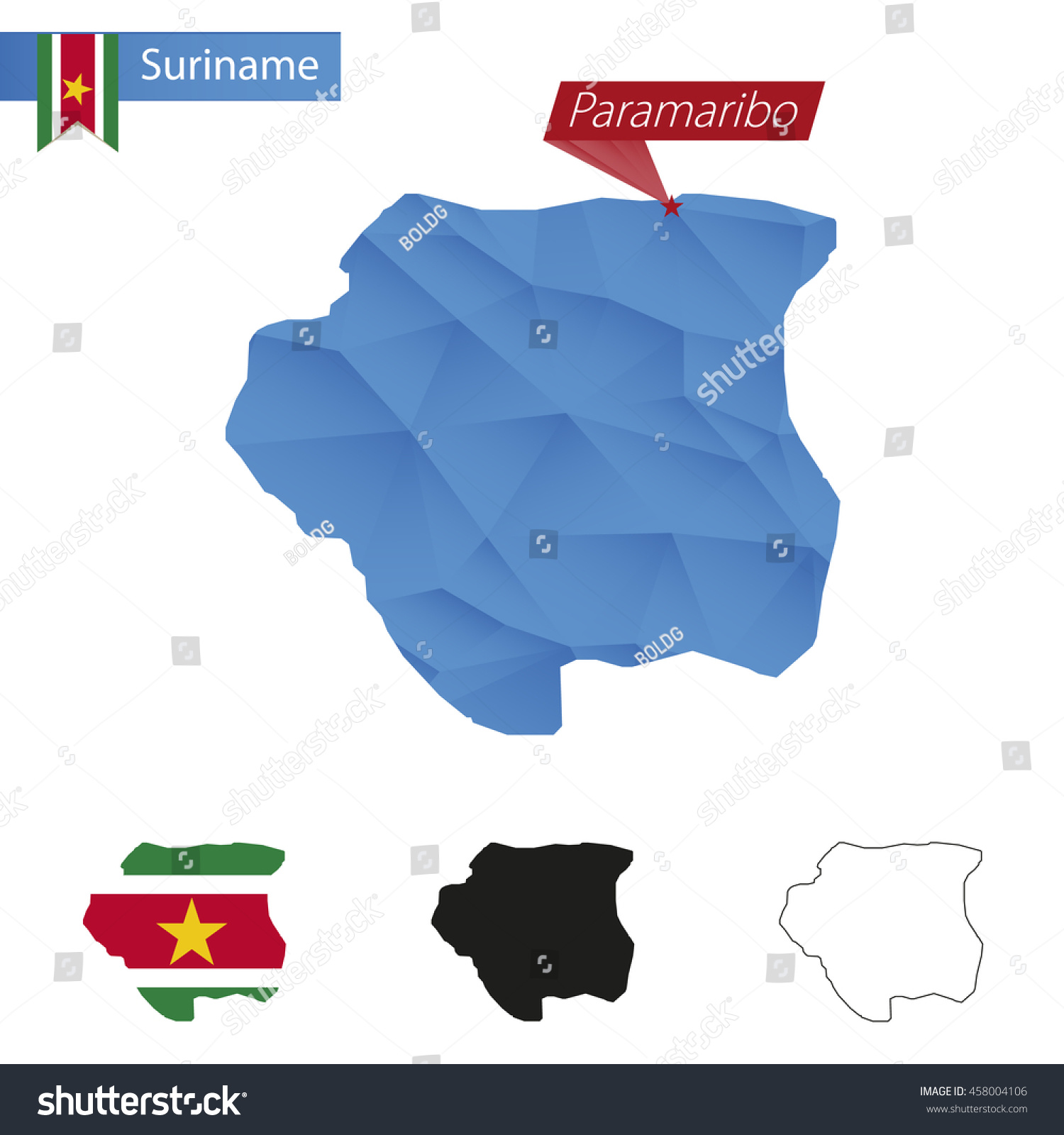 Vektor Stok Suriname Blue Low Poly Map Capital Tanpa Royalti