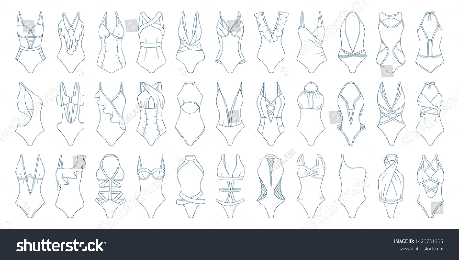 Swimming Suits Set Doodle Bikini One Vetor Stock Livre De Direitos