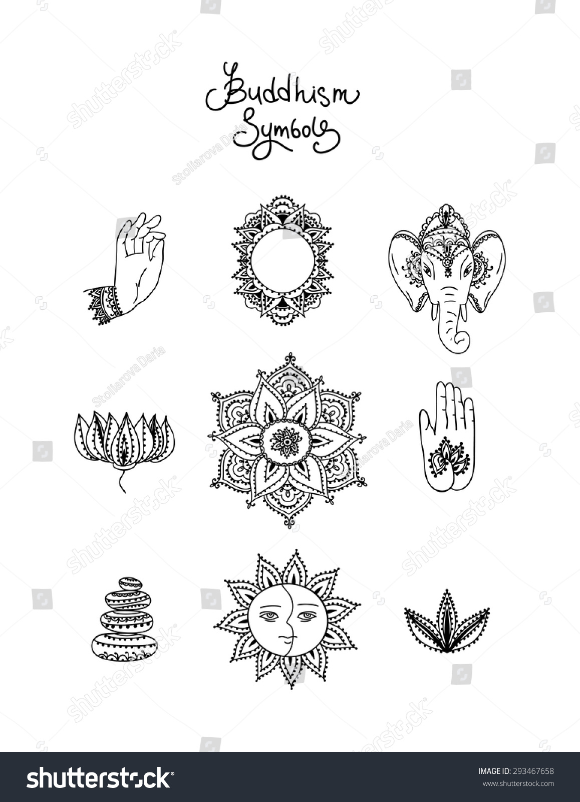 Symbols Of Buddhism. Elegant Hand Drawn Buddhism Icon. Beautifully 