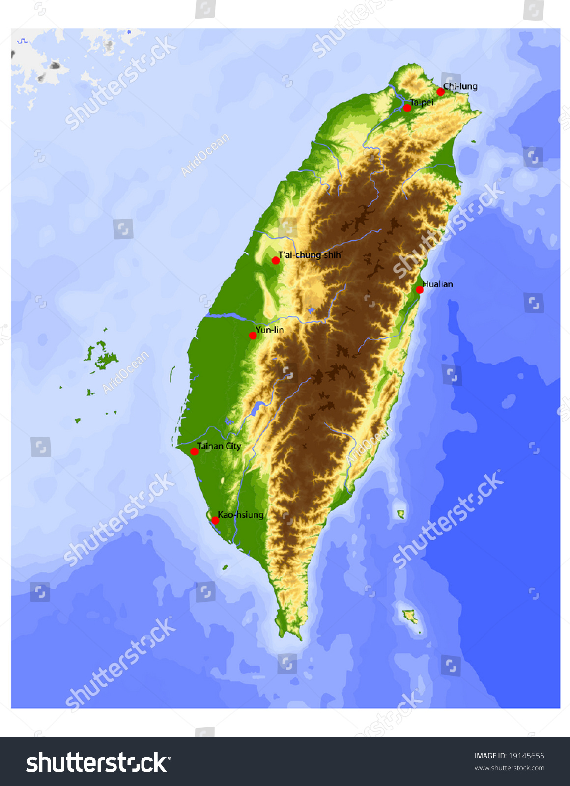 Taiwan. Physical Vector Map, Colored According To Elevation, With Ocean Depths And Selected 