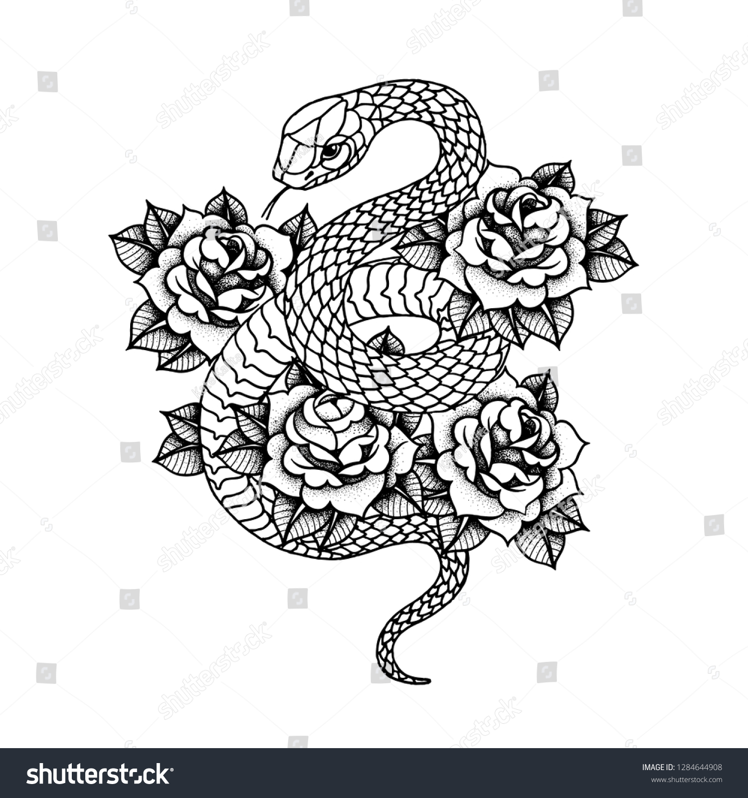 Tattoo Rose Snake Traditional Black Dot Stock Vector Royalty Free