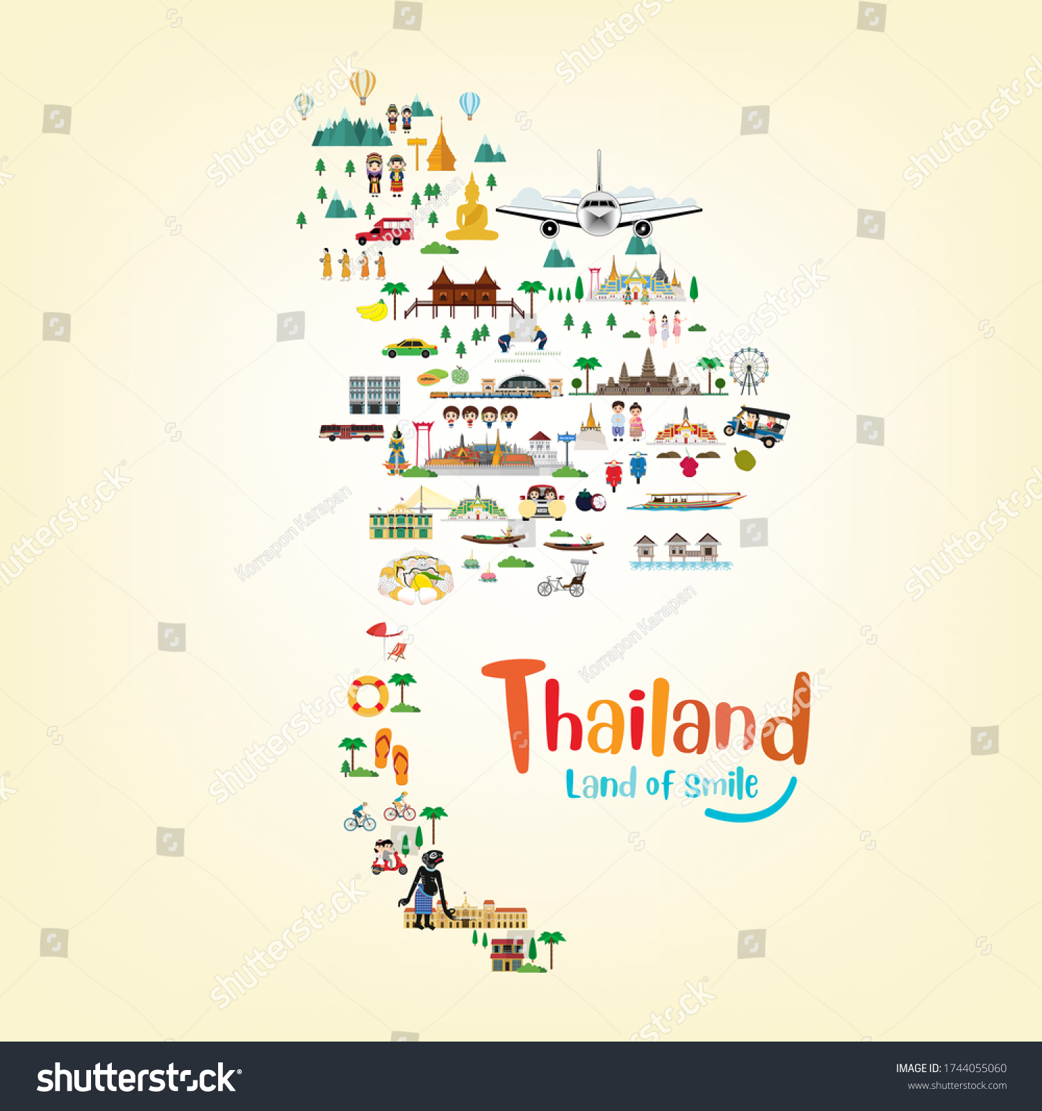 Thailand Map Famous Landmarks Vector Illustration