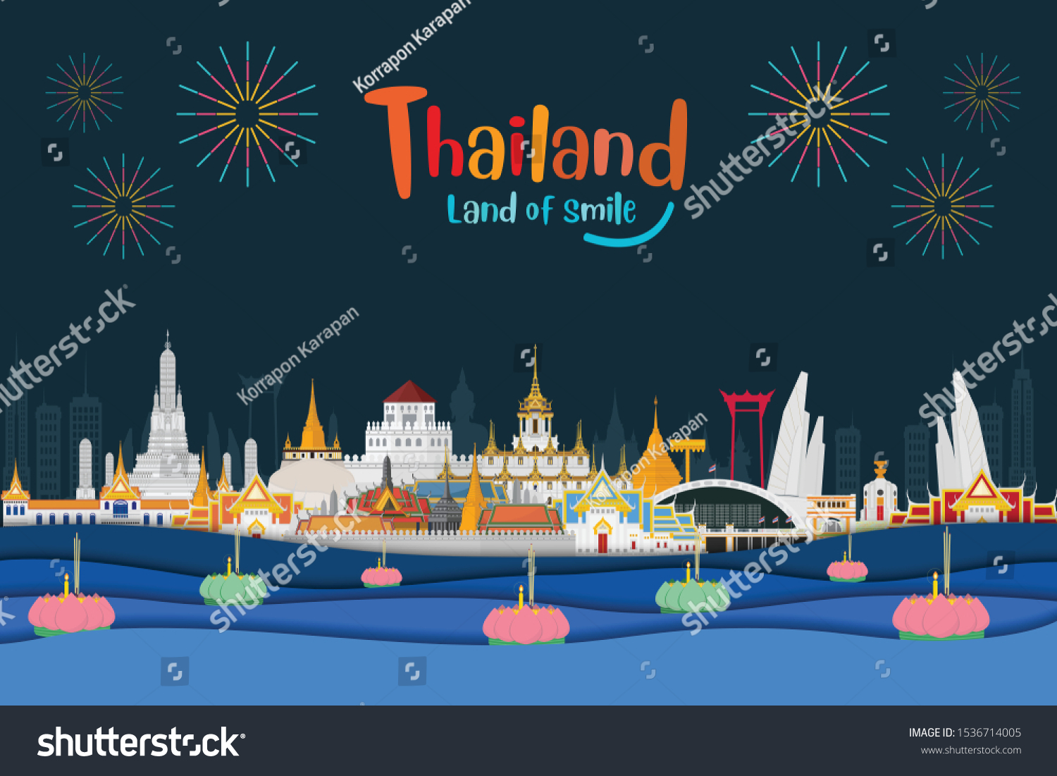 Thailand Night Landmarks Loy Krathong Festival Stock Vector Royalty