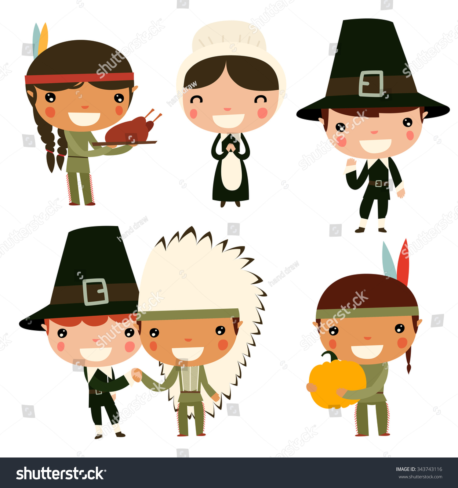 Thanksgiving Kids Cute Native Americans Colonists Stock Vector 