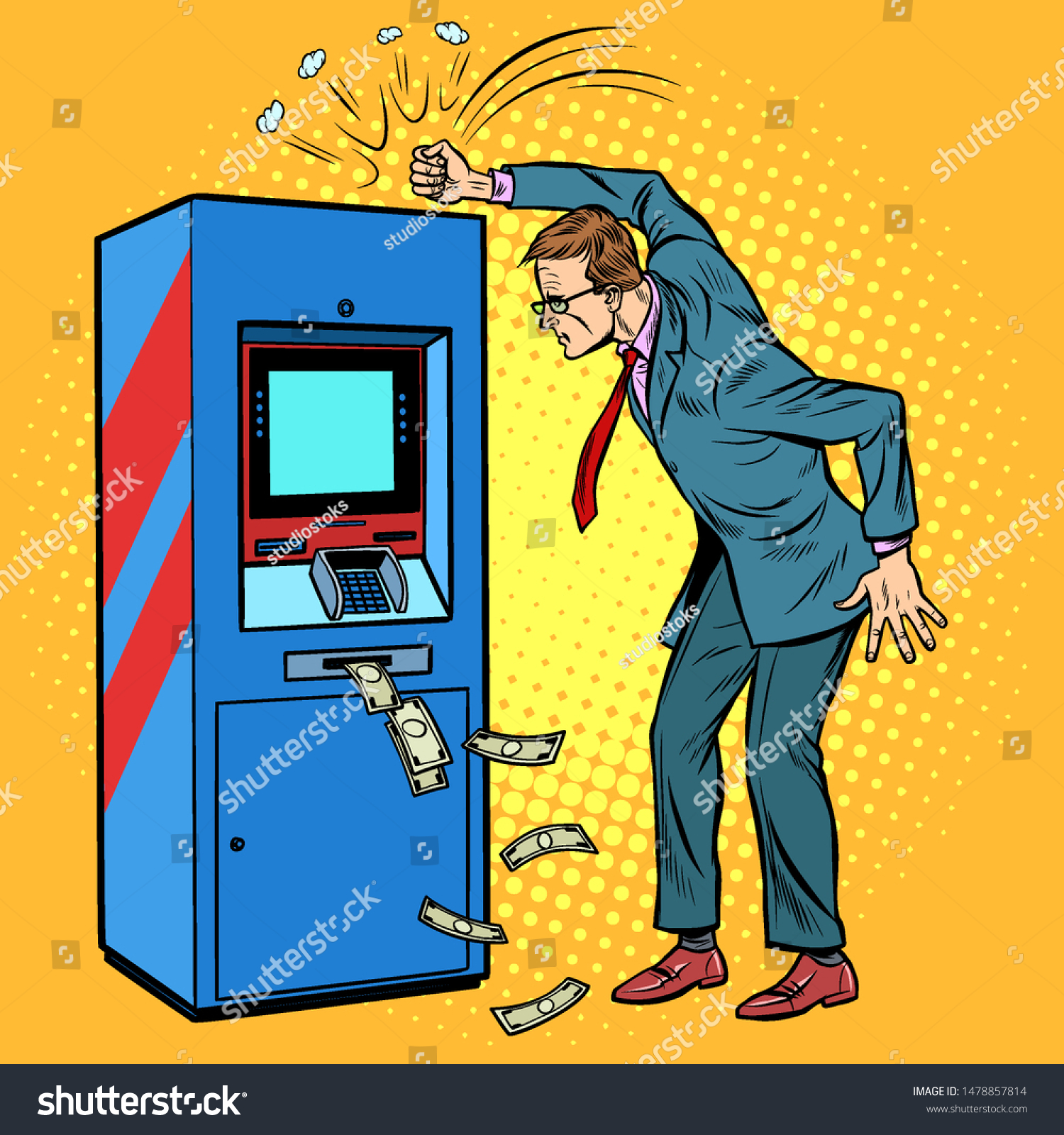 Damaged Atm Angry Man Pop Art Stock Vector Royalty Free