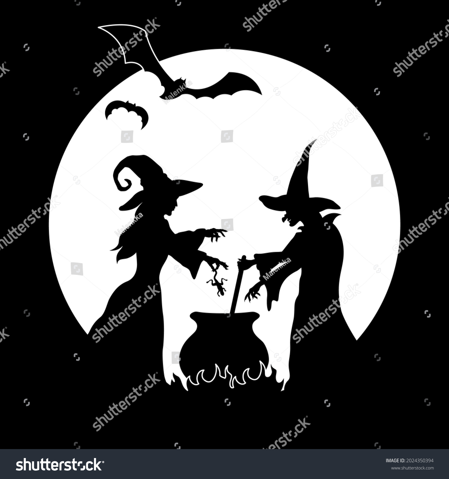 Silhouette Two Witches Cooking Potion Cauldron Stock Vector Royalty