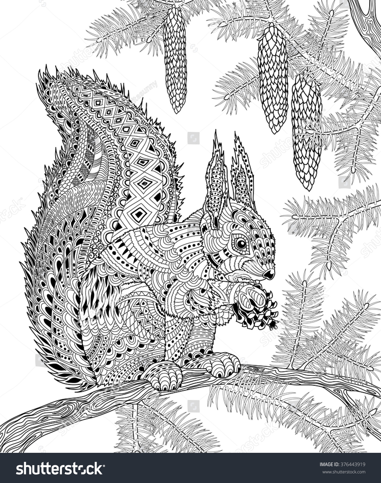 Scribble Drawing Art Therapy : Squirrel adult anti stress coloring page stock vector