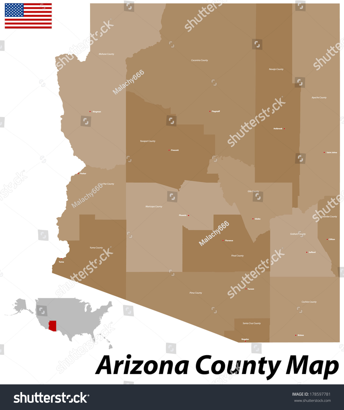 The State Of Arizona With All Counties And Cities. Stock Vector 