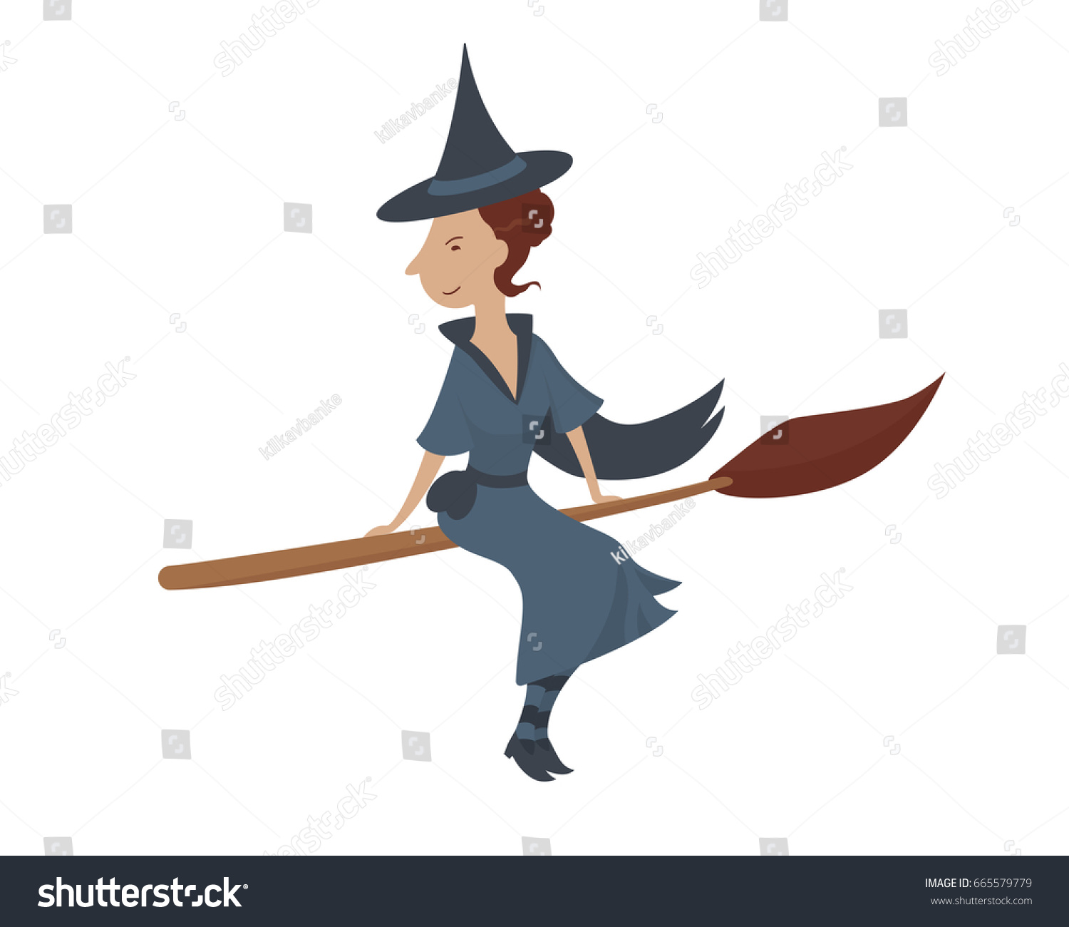 Witch Flies On Broom On White Stock Vector Royalty Free 665579779