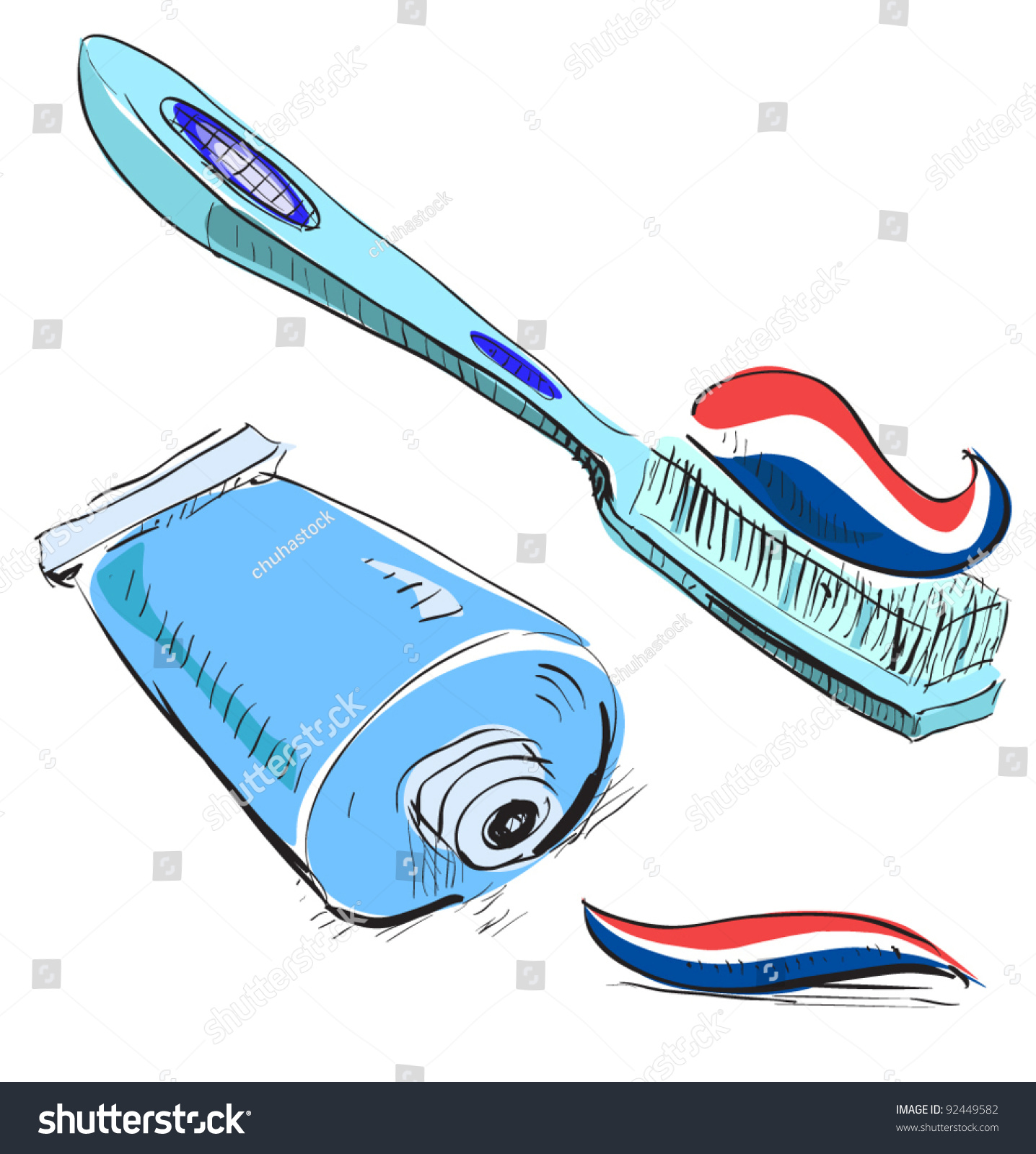 Toothbrush And Toothpaste. Sketch Icon In Cartoon Doodle Style Stock