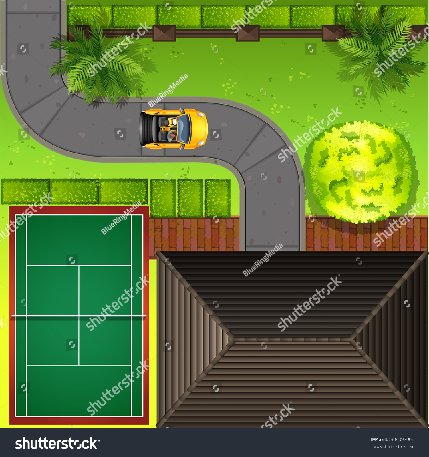 Top View Of A House And Surroundings Illustration - 304097006