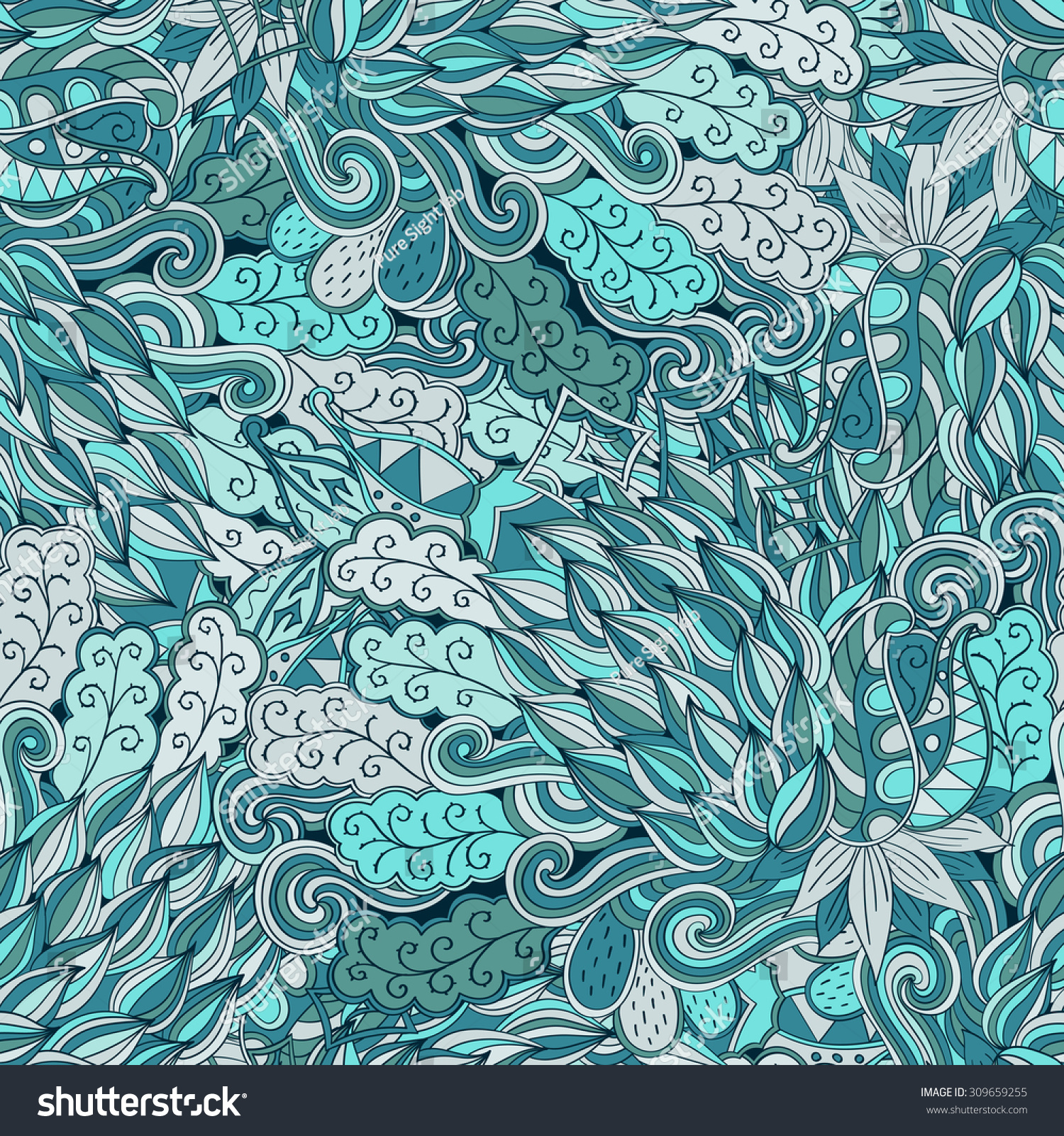 Tracery Seamless Calming Pattern. Mehendi Design. Neat Even BlueGreen