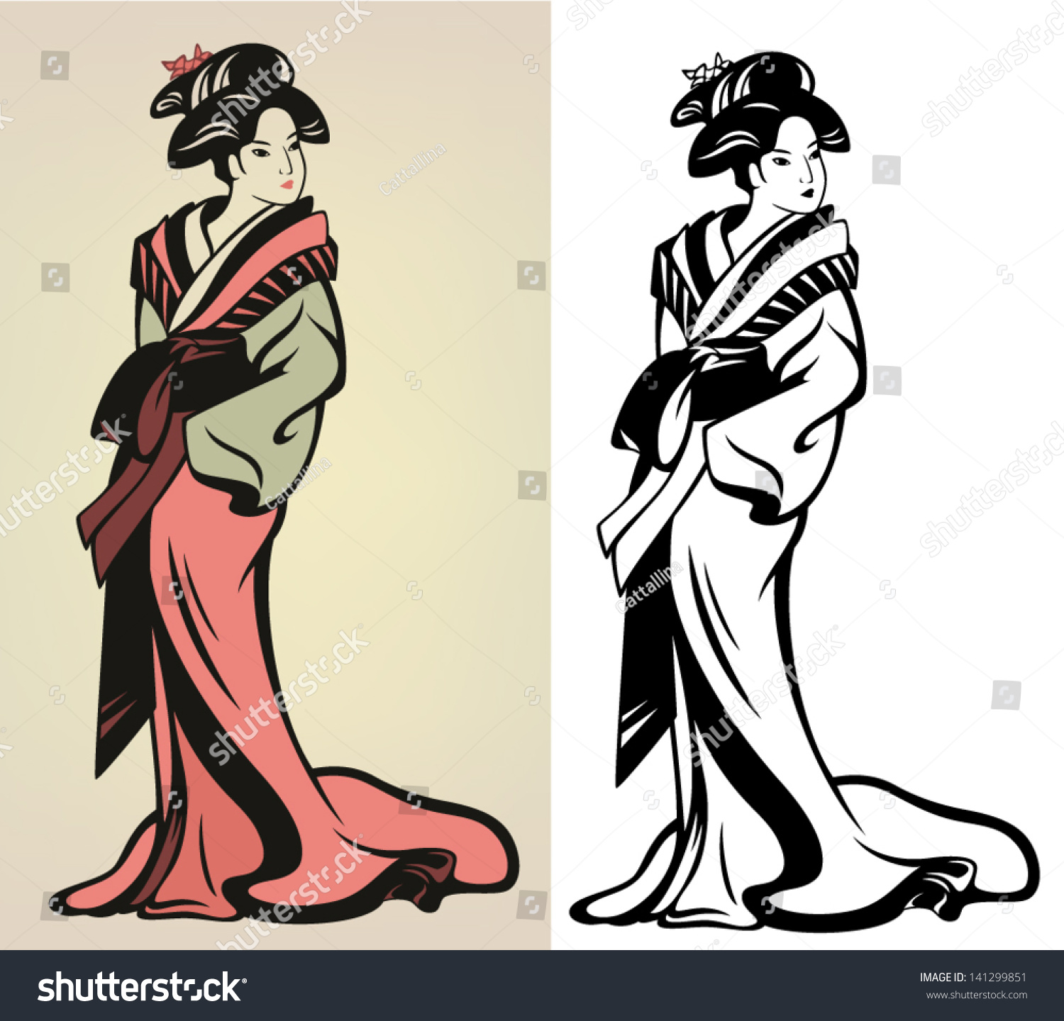 Traditional Japanese Geisha Vector Illustration - In Color And Black