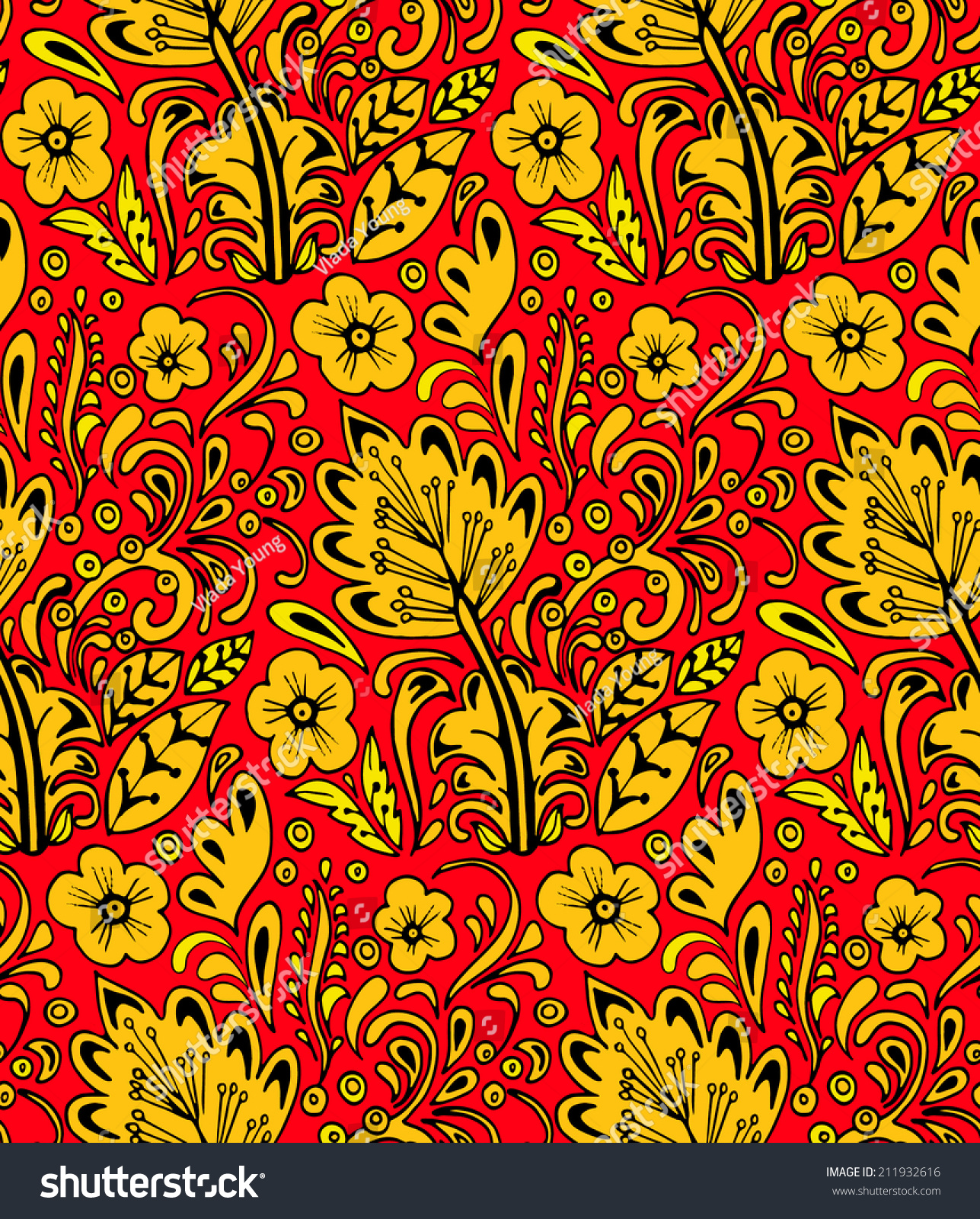 Traditional Russian Vector Seamless Pattern In Khokhloma Style