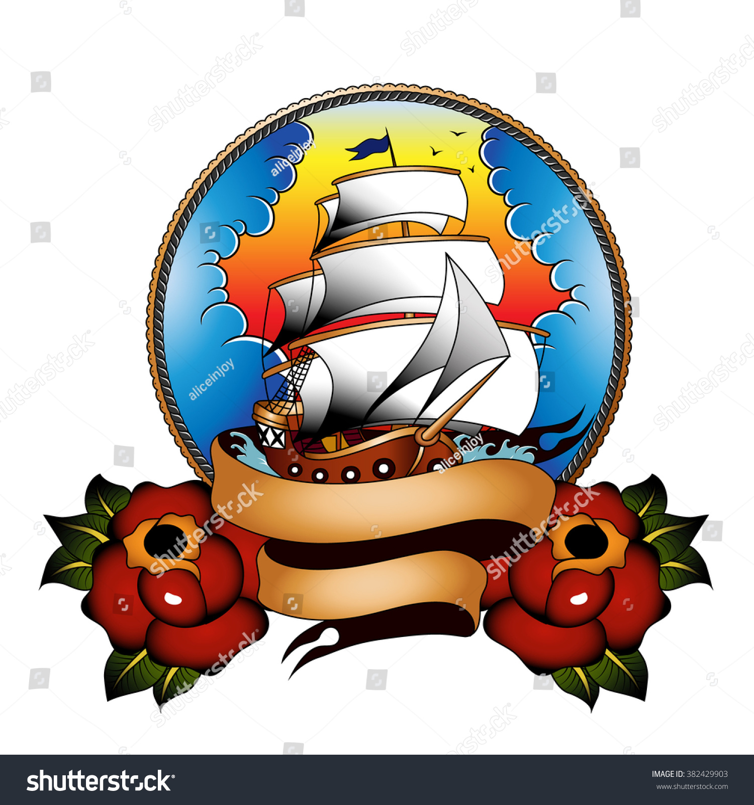 Traditional Ship With Roses Stock Vector Illustration 382429903
