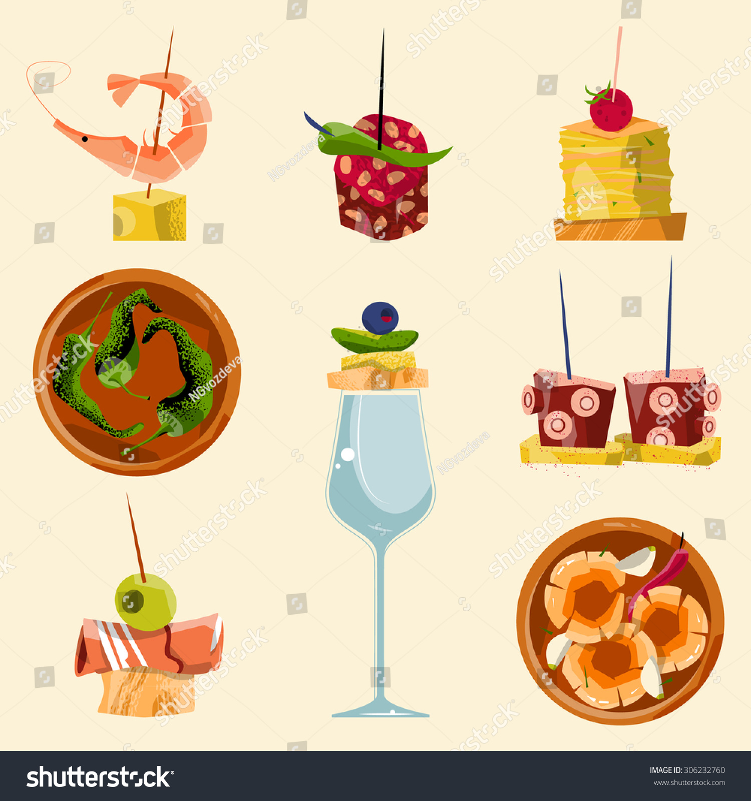 Traditional Spanish Food. Selection Of Tapas. Vector Illustration