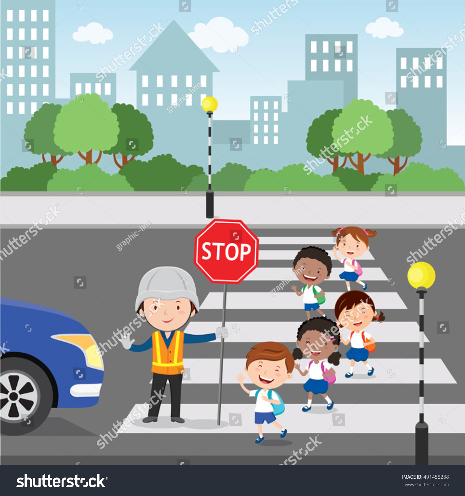 Traffic Guard Helping School Kids Crossing Stock Vector 491458288