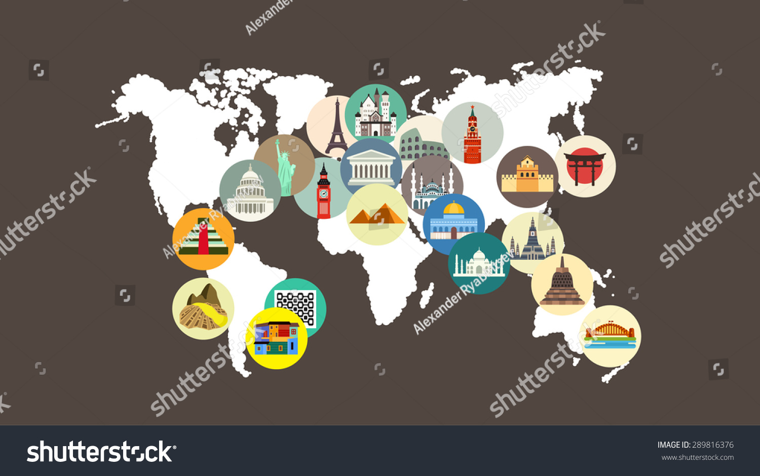 Travel Landmarks On World Map Stock Vector 289816376 Shutterstock