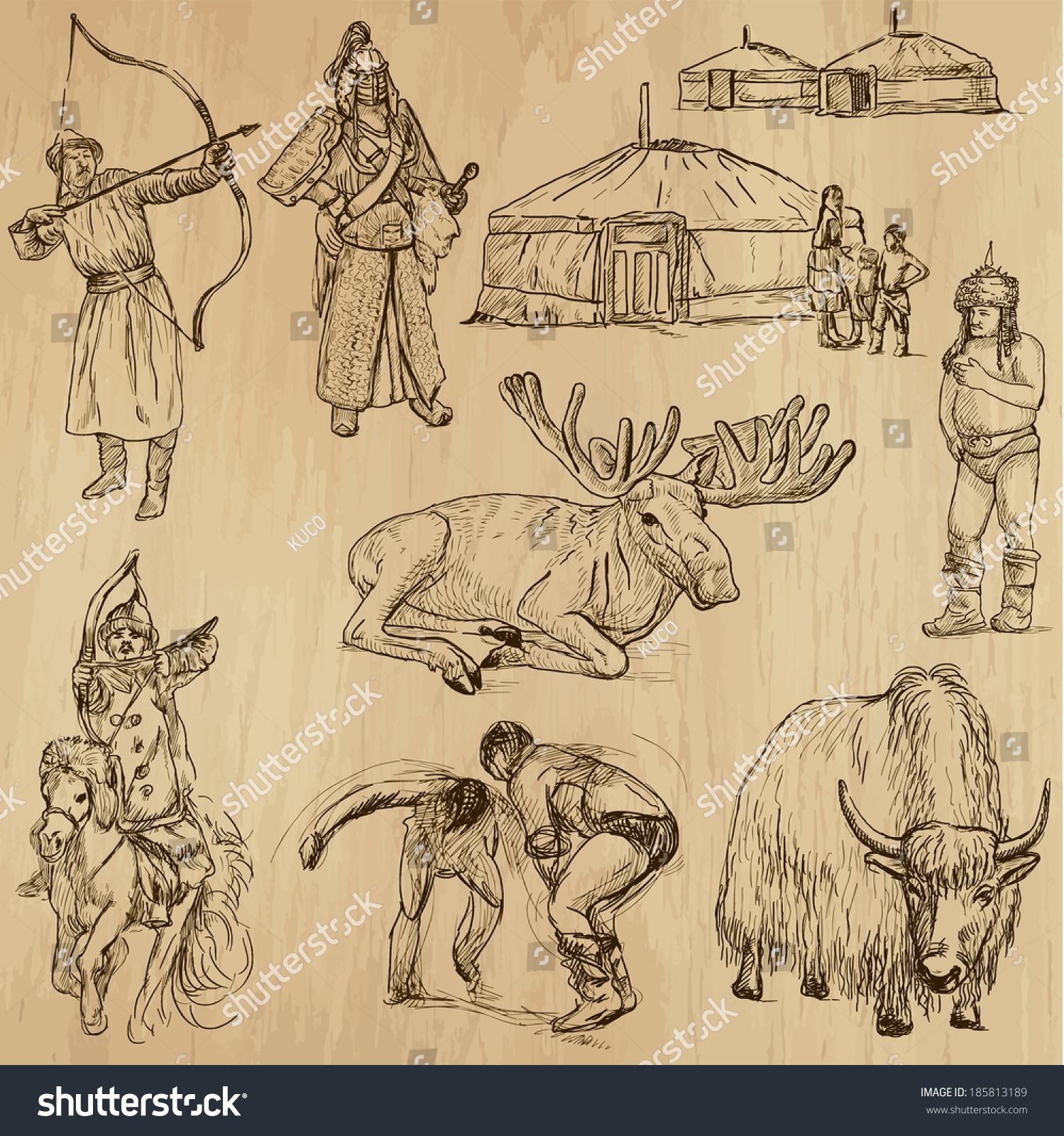 Travel Mongolia Set No.1. Collection Of Hand Drawn Illustrations