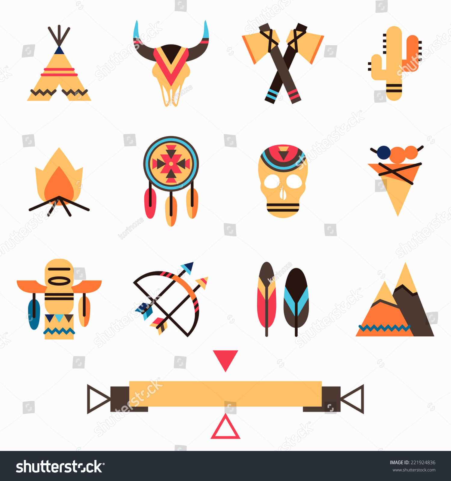 Tribal Indigenous Icons Set With Ethnic American Symbols Arrow And Bow Feather Dream Catcher