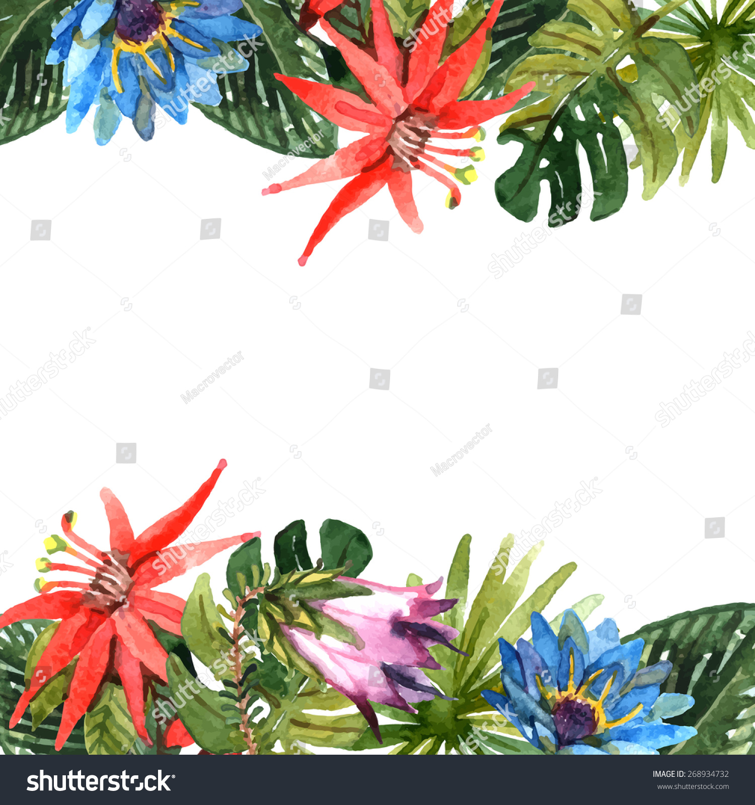 Tropical Leaves Exotic Flowers Branches Watercolor Stock Vector Shutterstock