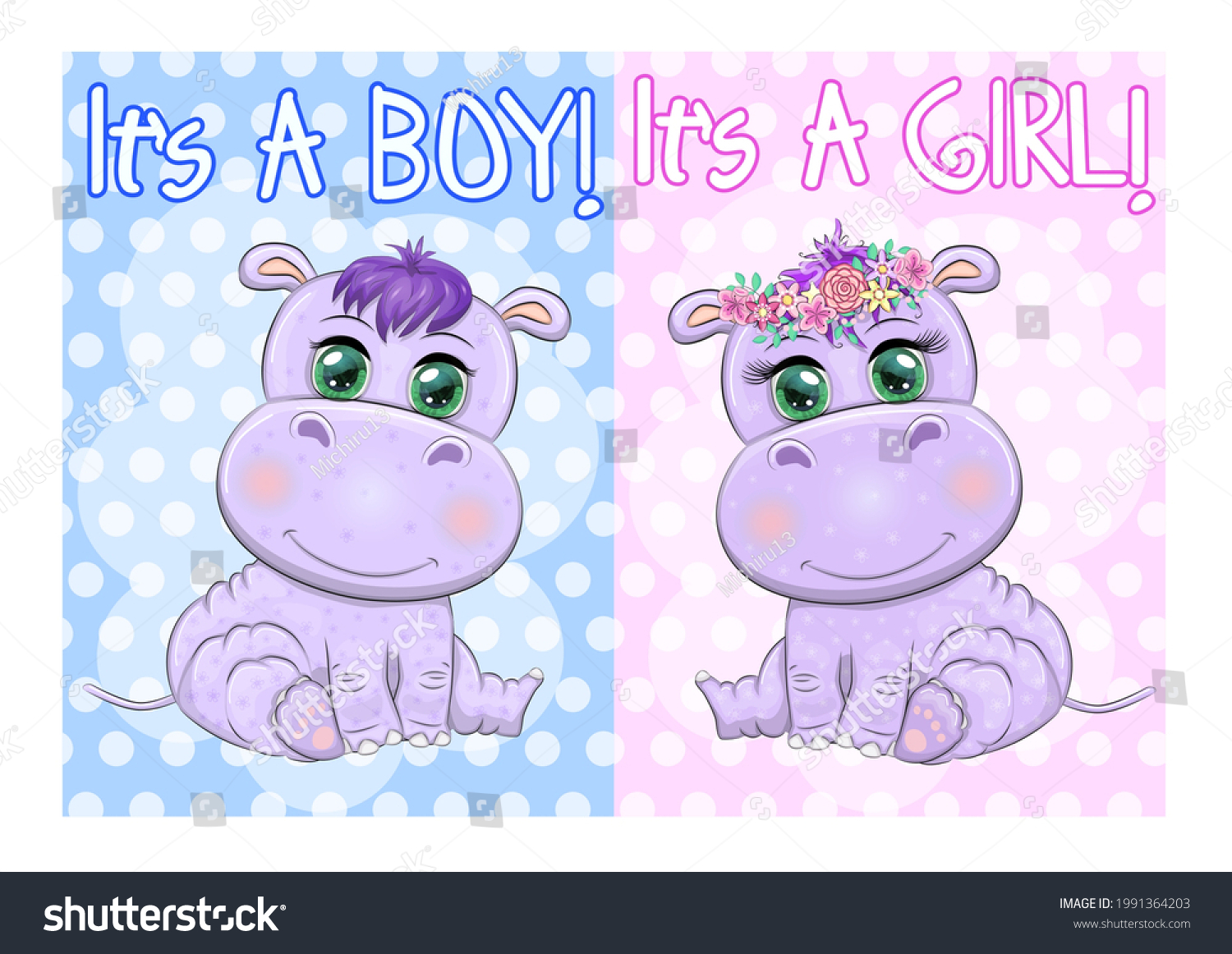 Two Cute Cartoon Hippo Beautiful Eyes