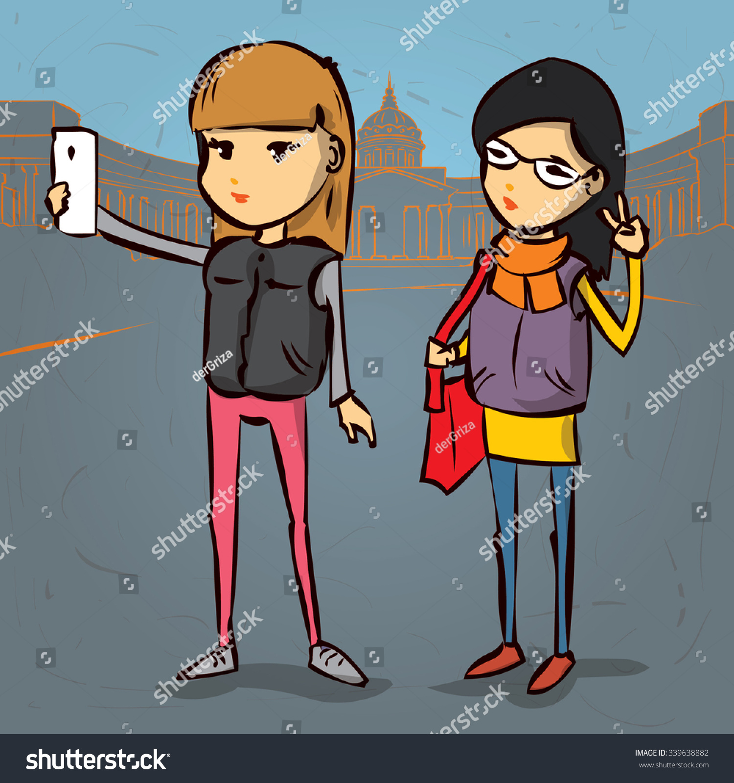 Two Cute Girls Making Selfie Hand Stock Vector 33963888