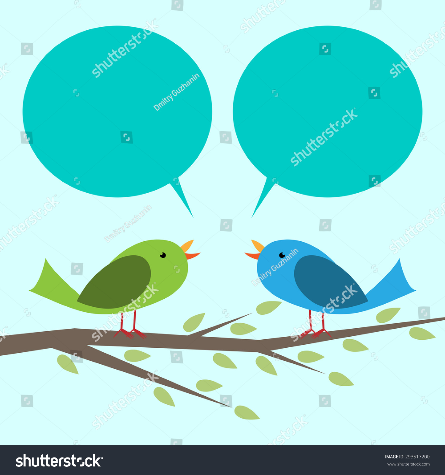 Two Cute Vector Birds Perched On Branch Communicating With Each Other