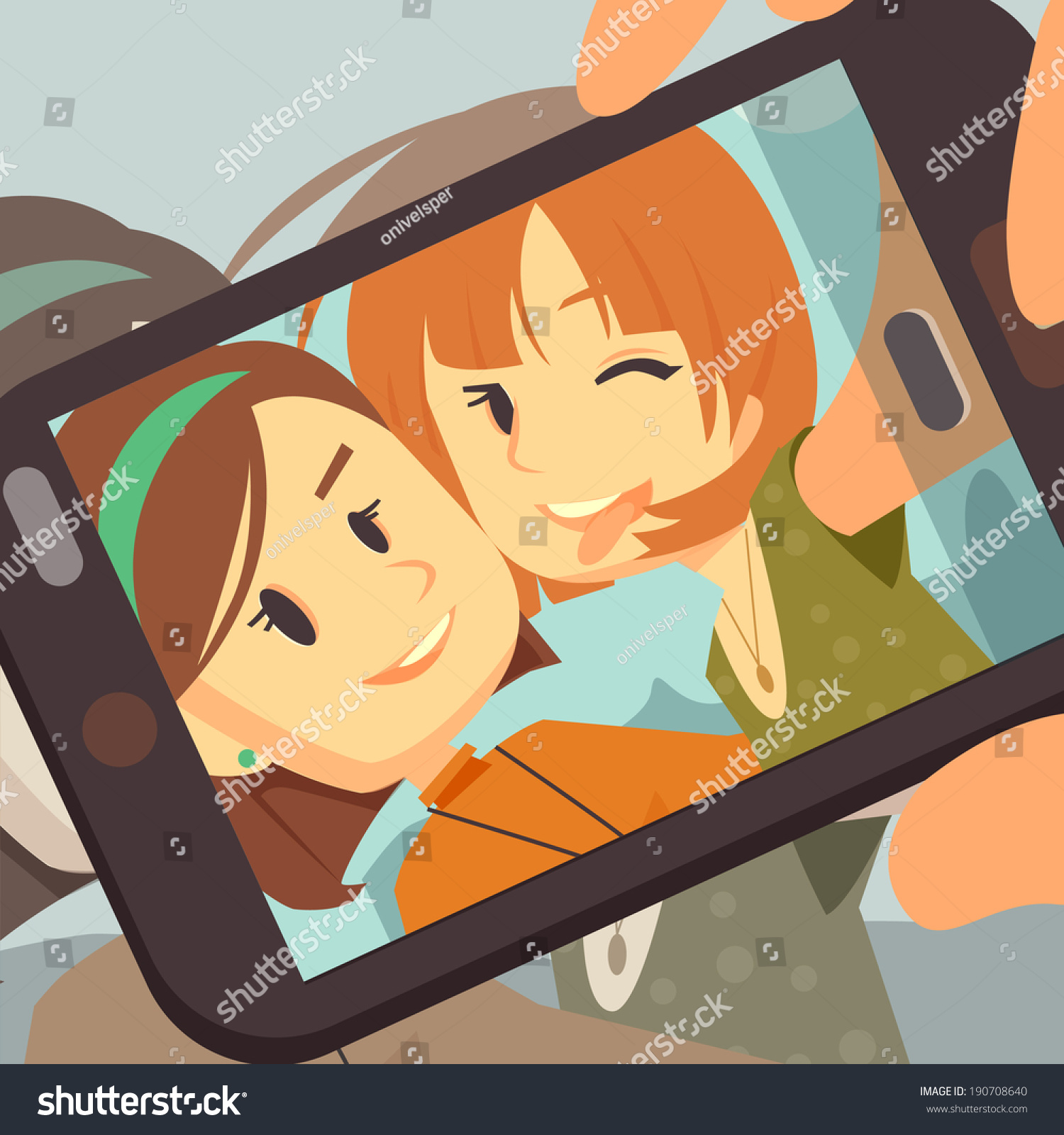Two Girl Friends Taking A Selfie Together Using Their Phone Stock Vector Illustration 190708640
