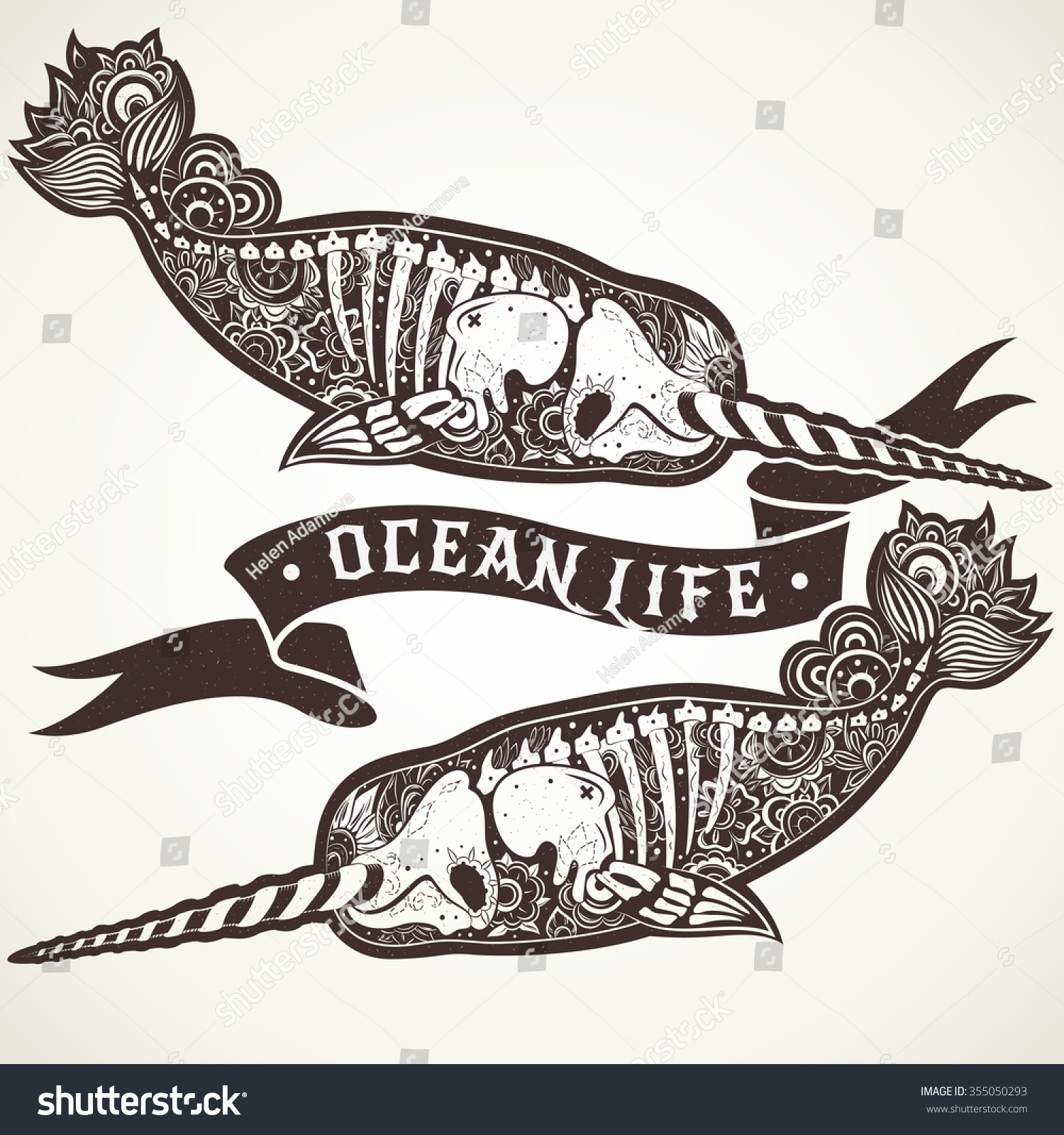 Two Stylized Skeleton Narwhal Stylized Skeleton Stock Vector 355050293 