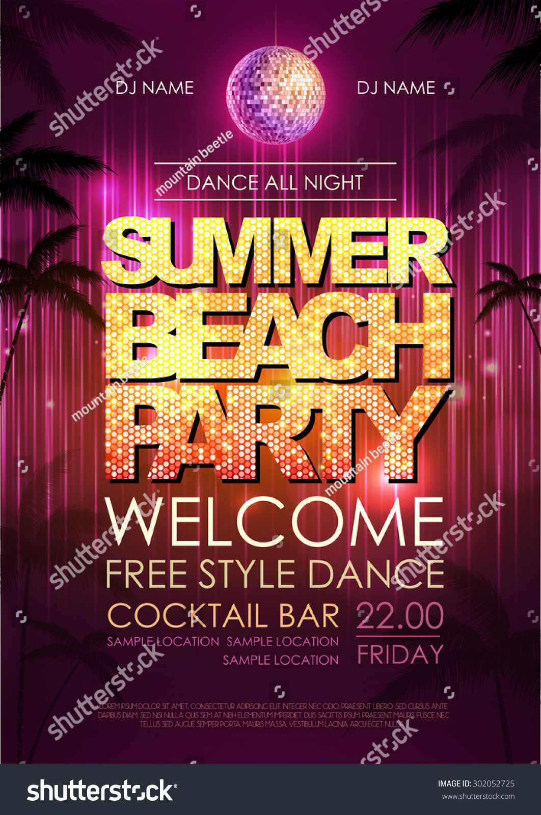 Typography Disco Background Summer Beach Party Stock Vector