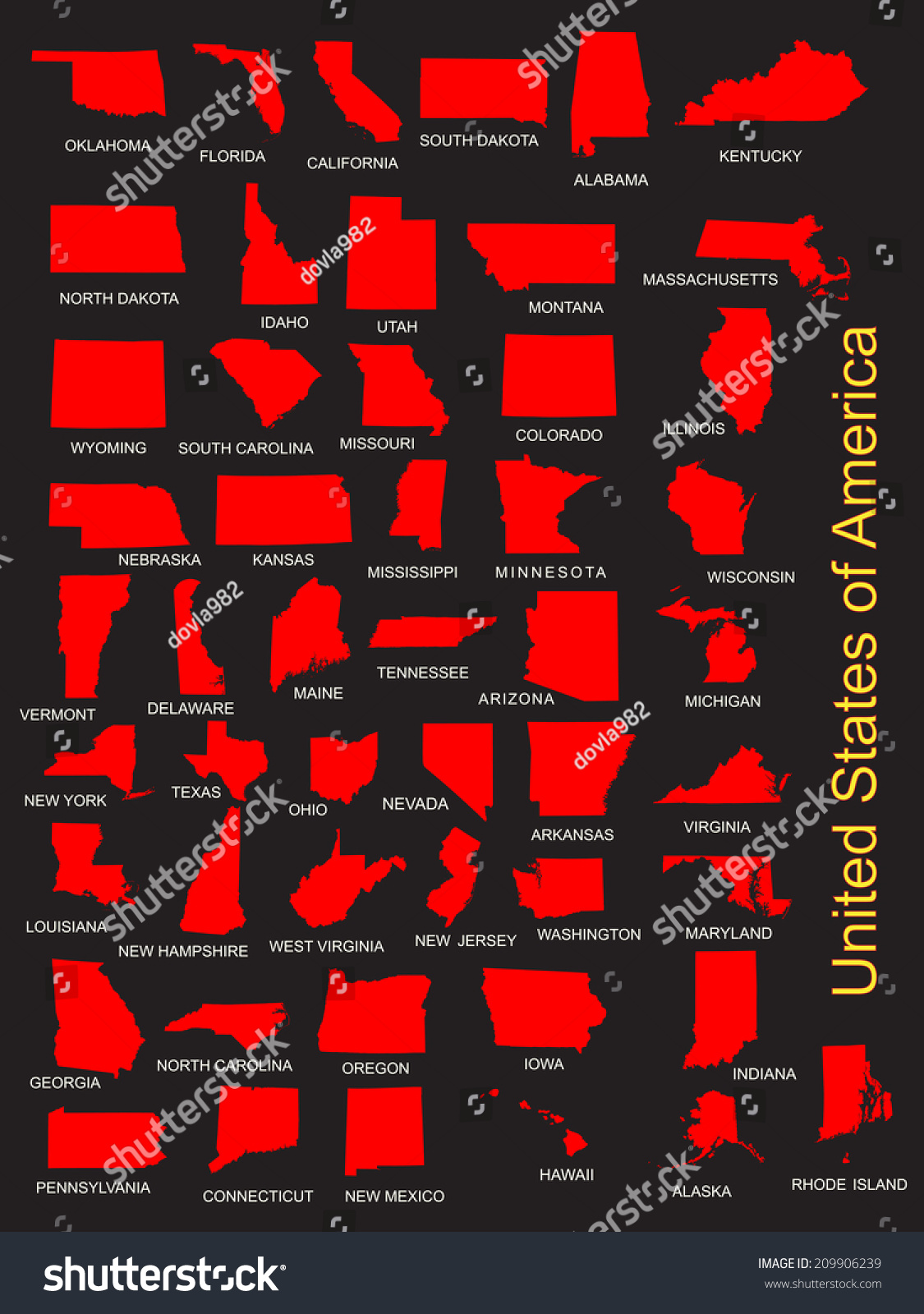 United States Of America 50 States Vector Map Isolated On Black