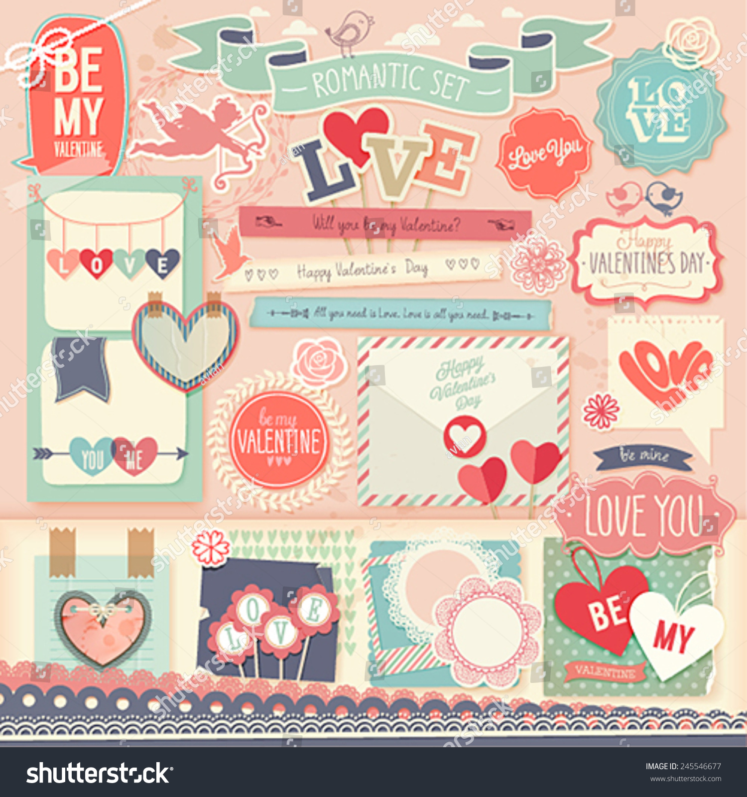 Valentine`S Day Scrapbook Set - Decorative Elements. Vector 