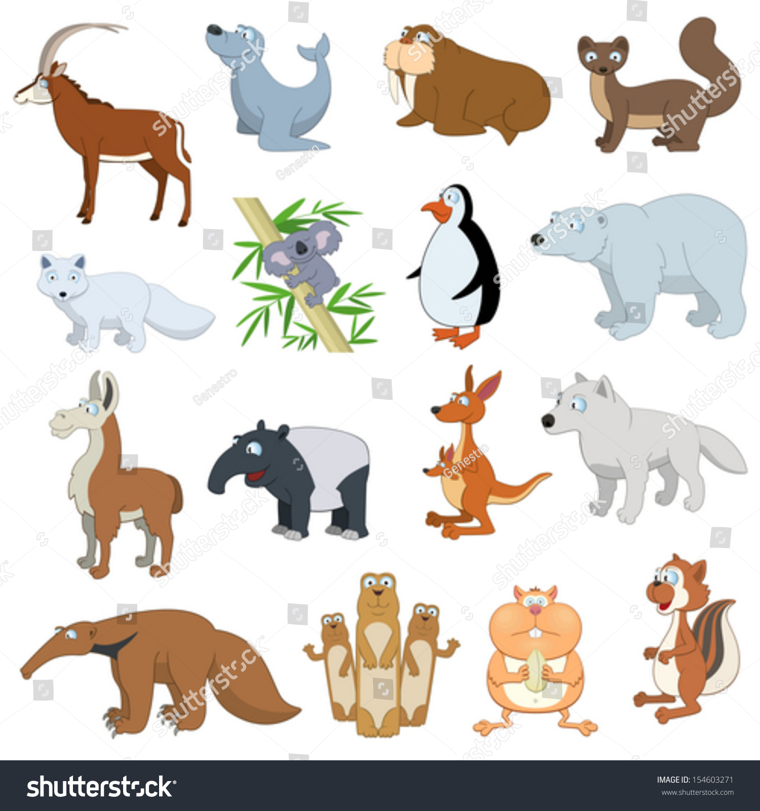 Various Wildlife Animals Set On White Background Stock Vector