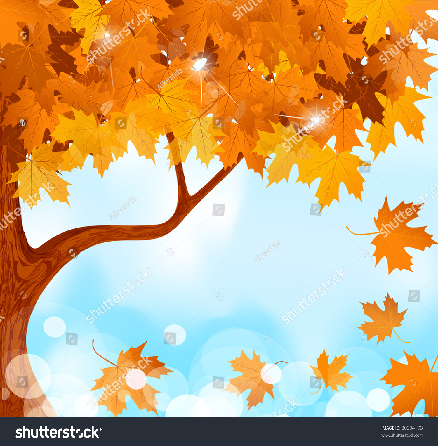 Vector Autumn Tree Maple Leaves Against The Blue, Bright Sky - 80334193