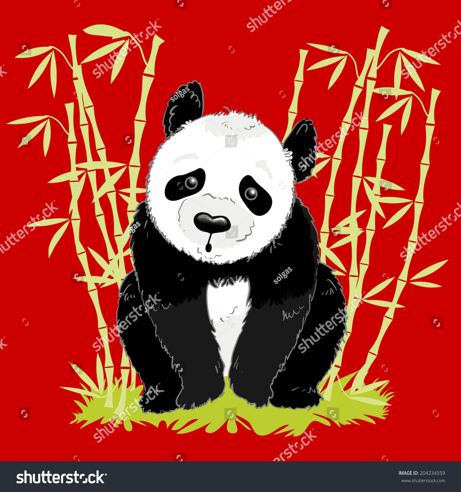 Vector Big Cartoon Panda On Red Background With Bamboo - 204234559