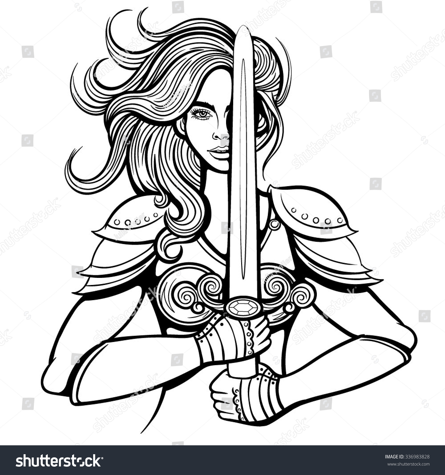 Vektor Stok Vector Black White Warrior Woman Illustration Tanpa