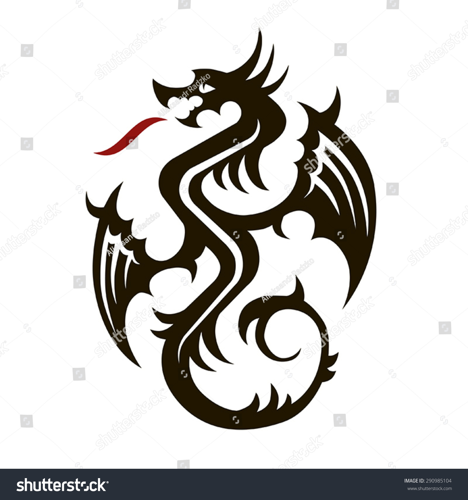 Vector Black Dragon With Wings And Red Flames On A White Background