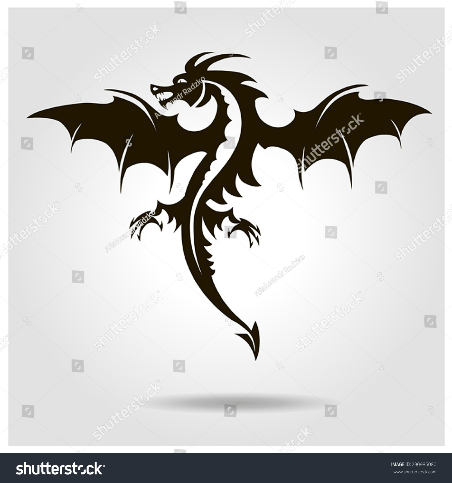 Vector Black Dragon With Wings On A Gray Background With Shadow