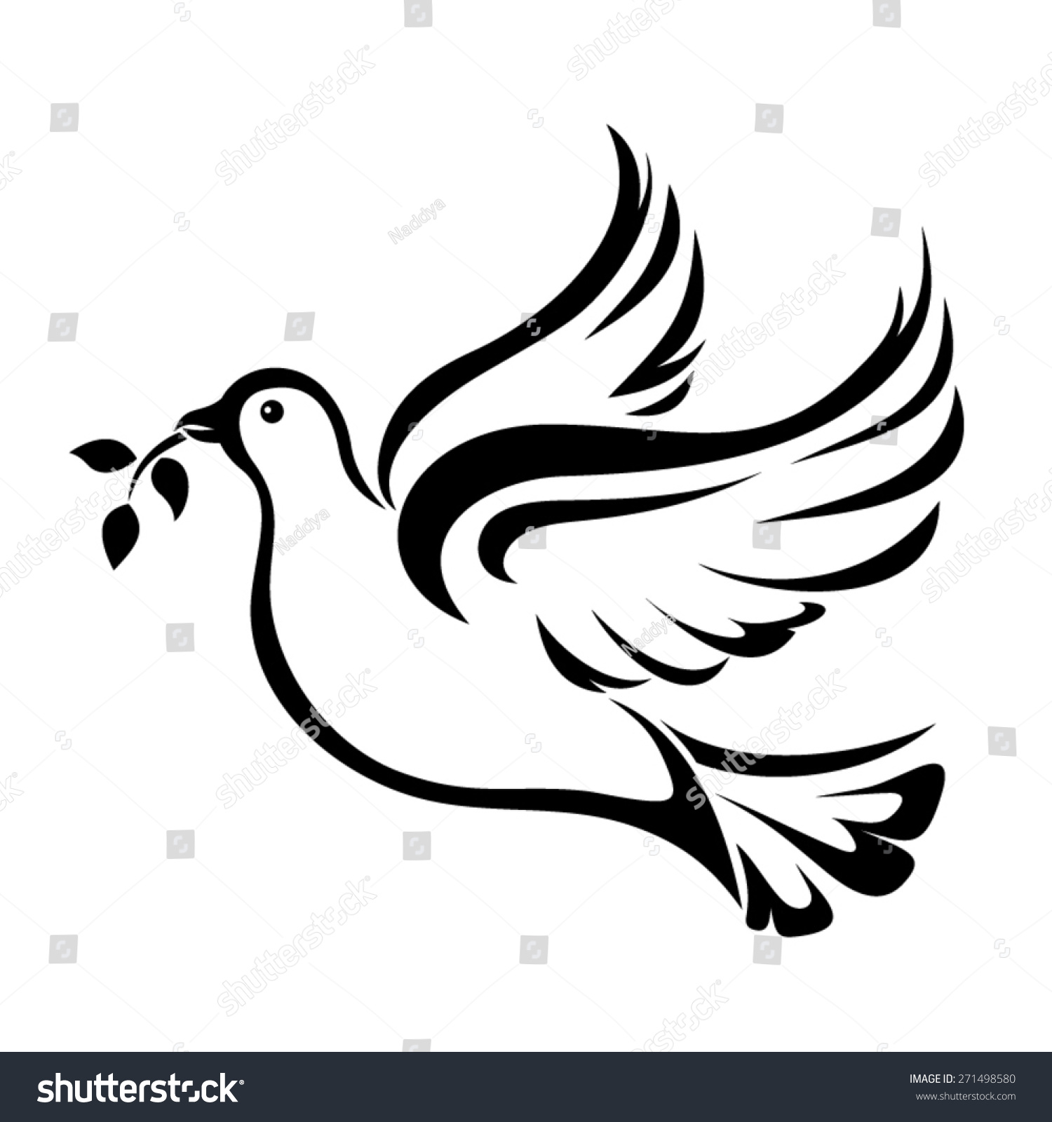 Vector Black Silhouette Of A Flying Dove With Olive Branch On A White