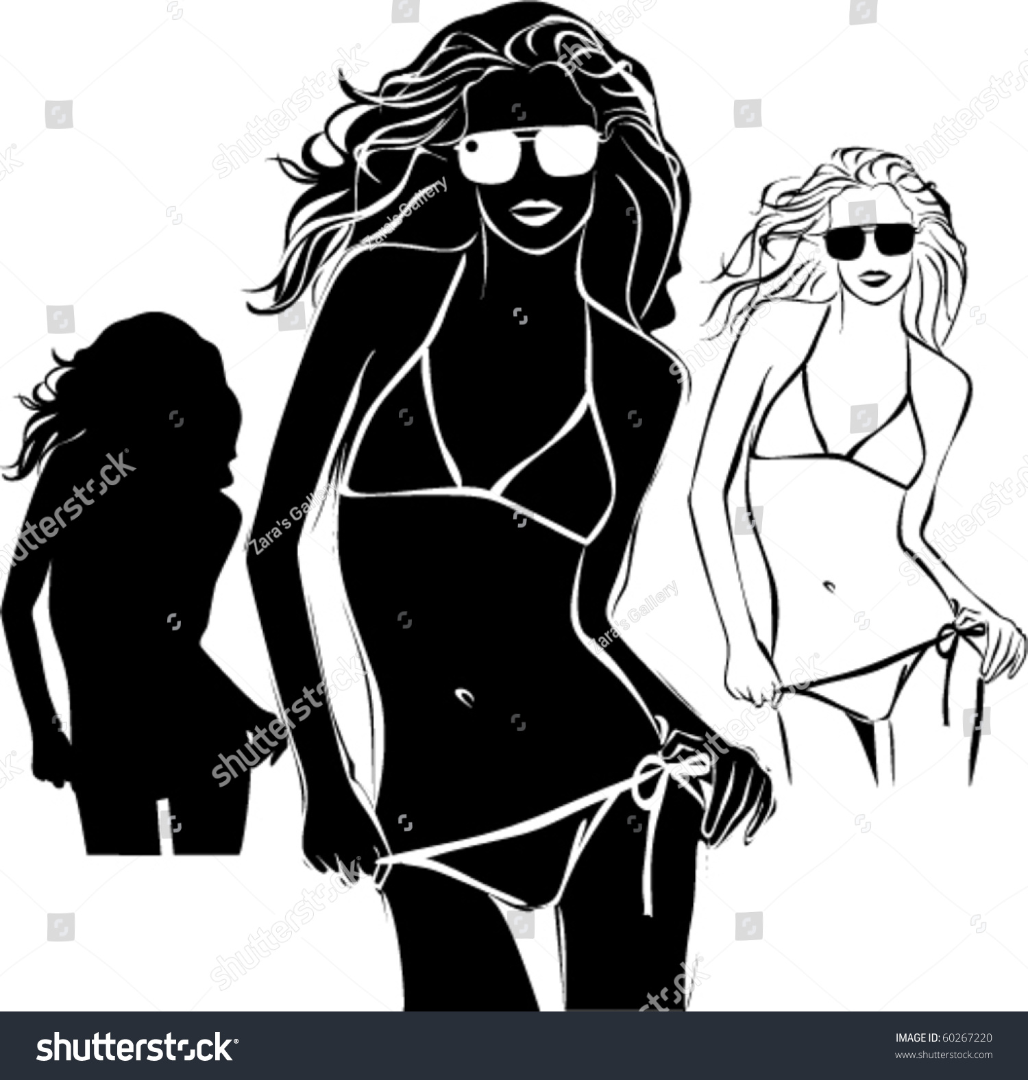 Vector Black Silhouettes Of Beautiful Woman In Glasses And Bikini On