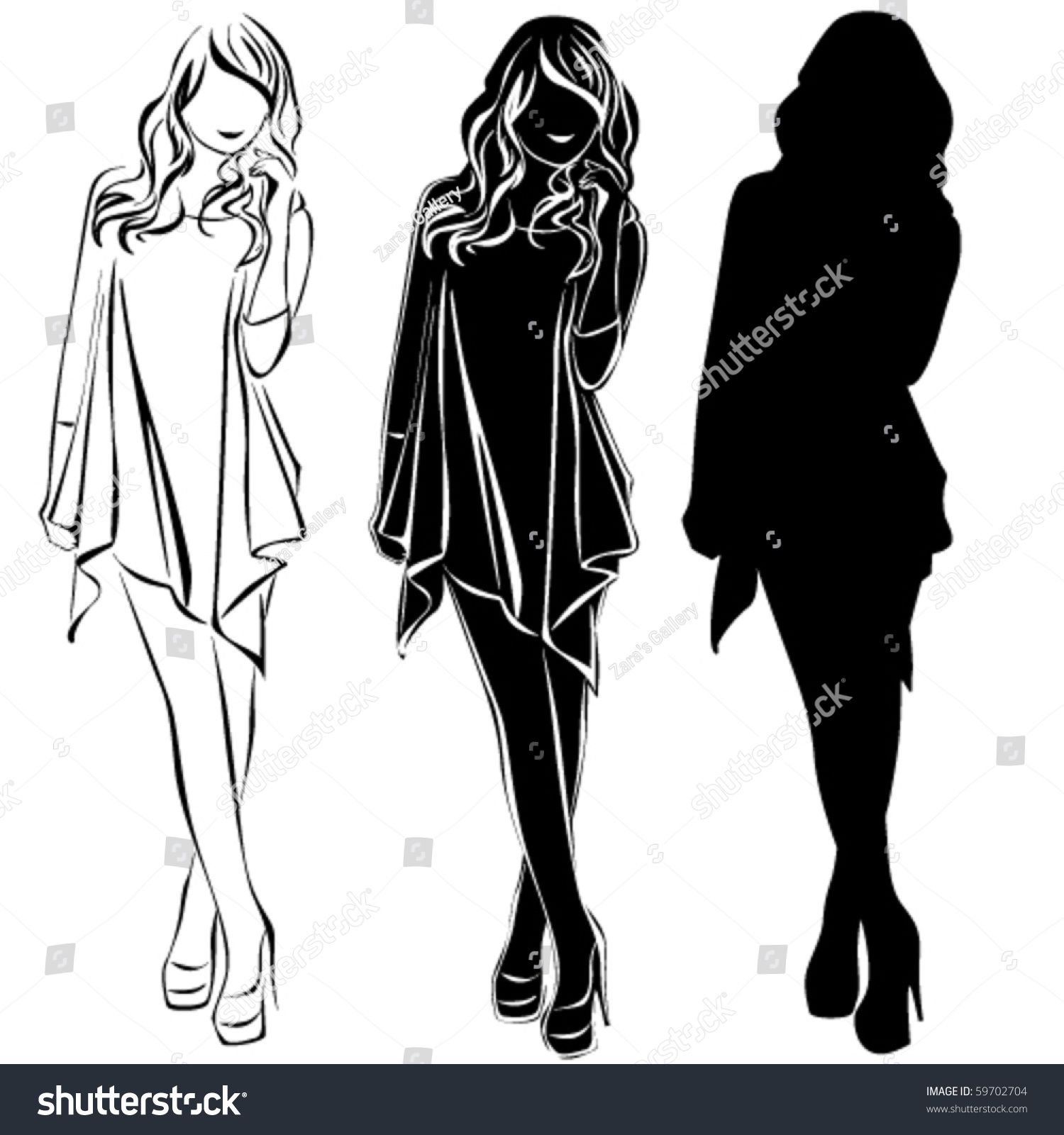 Vector Black Silhouettes Beautiful Woman On Stock Vector 59702704