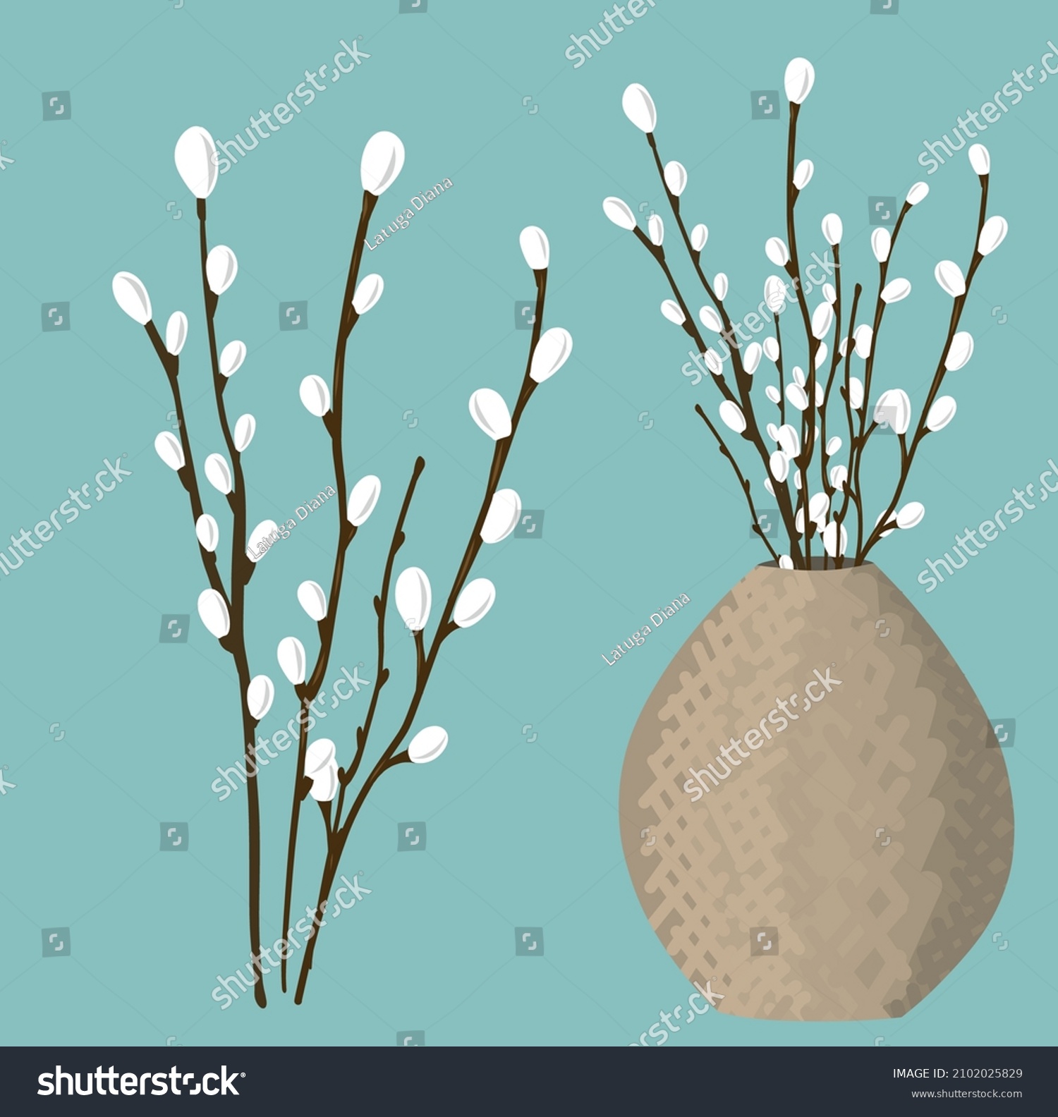 Vector Bouquet Pussy Willow Vase Stock Vector Royalty Free