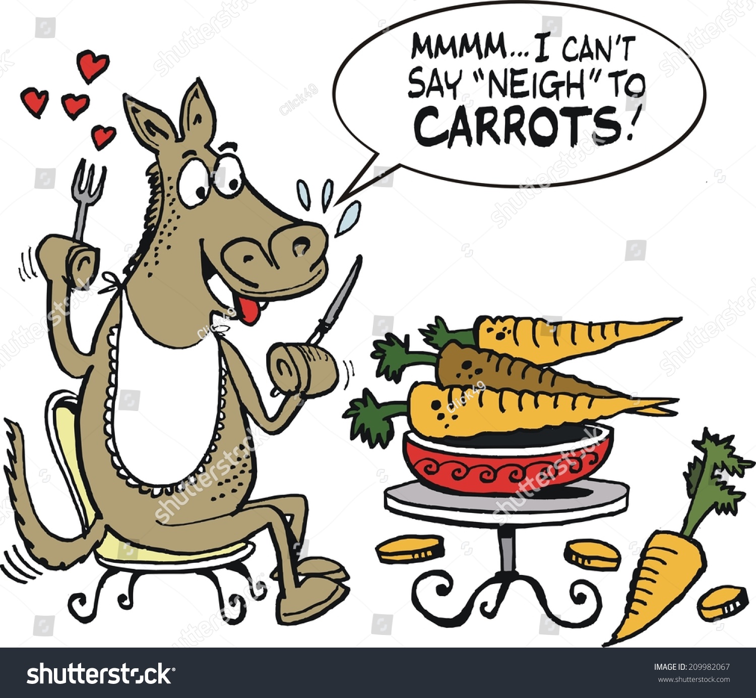 Vector Cartoon Of Hungry Horse Eating Plate Of Carrots 209982067