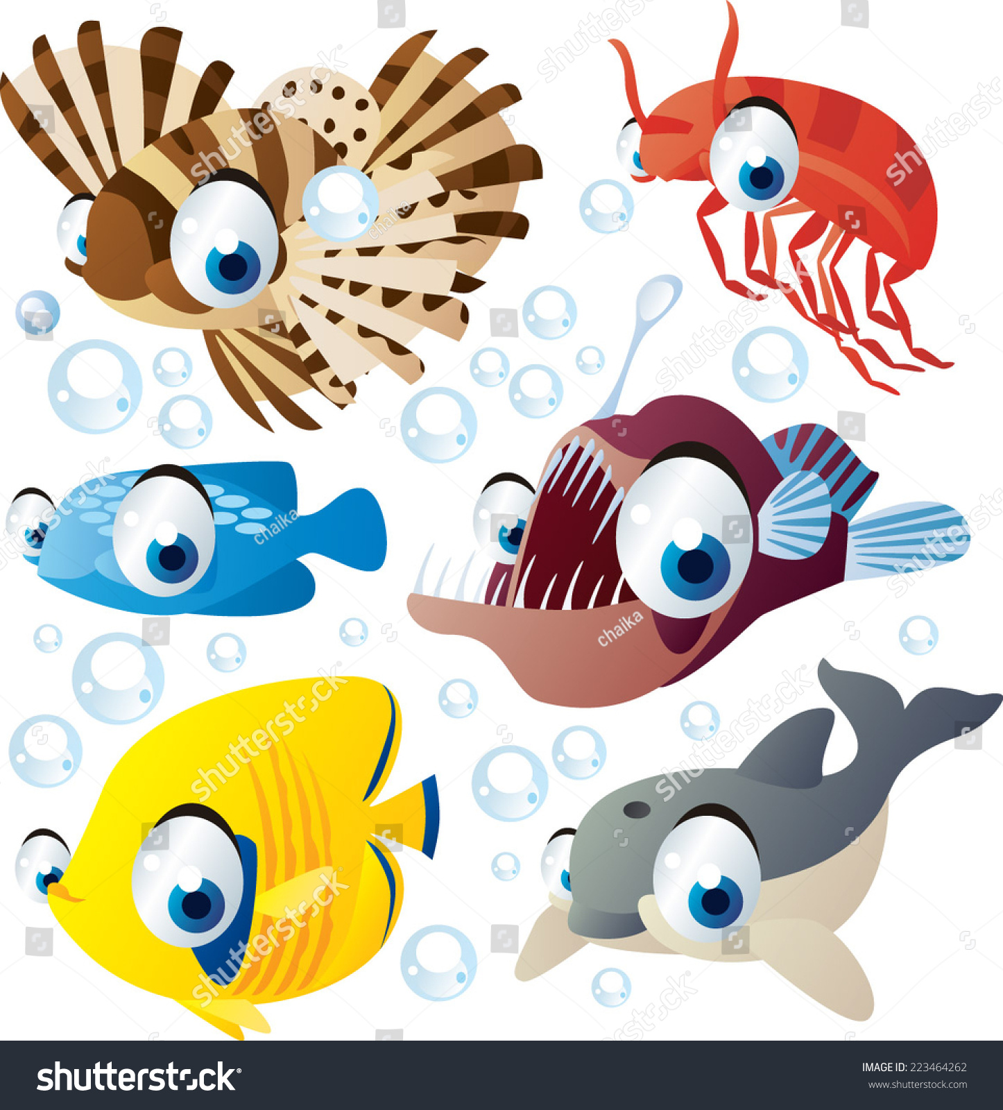 vector cartoon sea animal set zebra fish shrimp angler dolphin vector cartoon sea animal set zebra fish shrimp angler dolphin