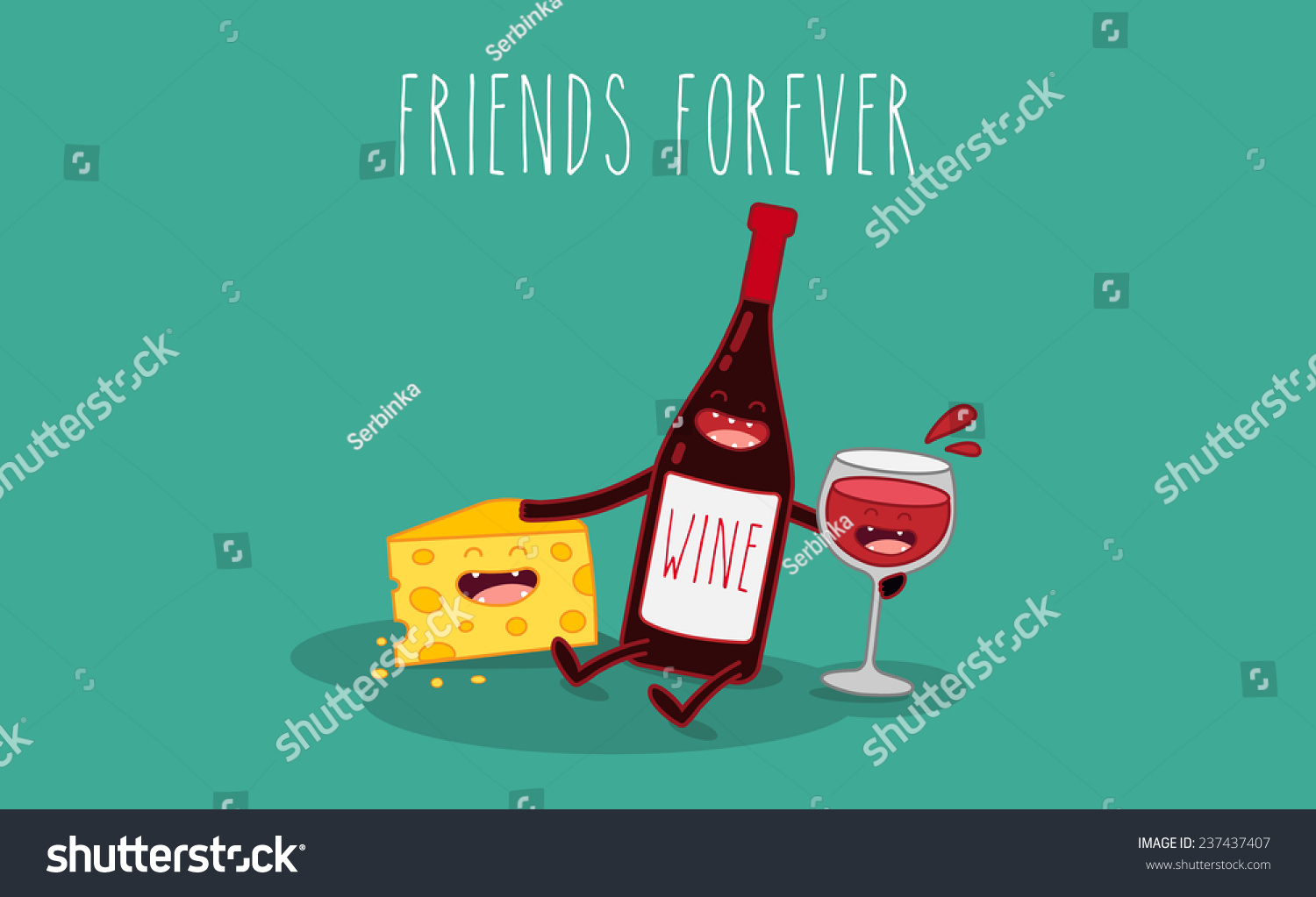 Vector Cartoons Of Comic Characters Bottle Of Wine, Glass Of Wine And