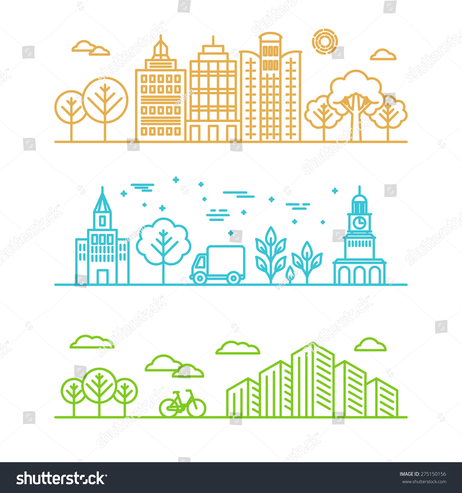 ... in linear style - buildings and clouds - graphic design template